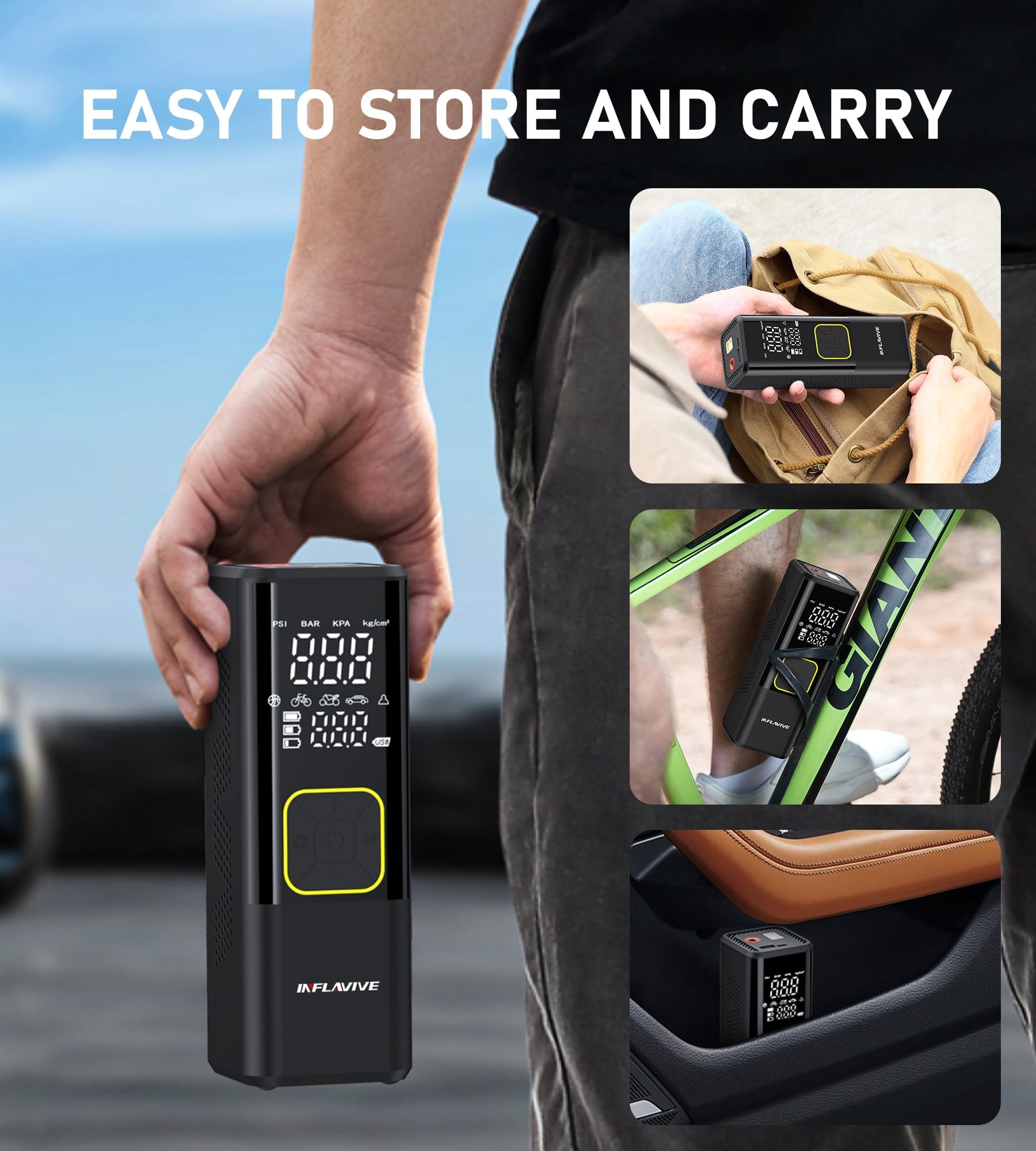 Tire Inflator Portable Air Compressor, 150 PSI Cordless Air Pump for Car Tires with Digital Pressure Gauge, 3X Faster Tire Pump for Cars, Motorcycle, Bicycle, Balls with LED Light, Auto Shut-Off