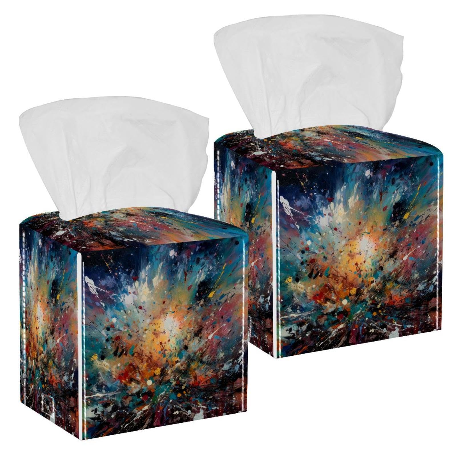 Dreamy Abstract Starry Sky Night Tissue Box Cover, 2 Pack PU Leather Square Facial Tissue Dispenser Box holder for Home Office Car