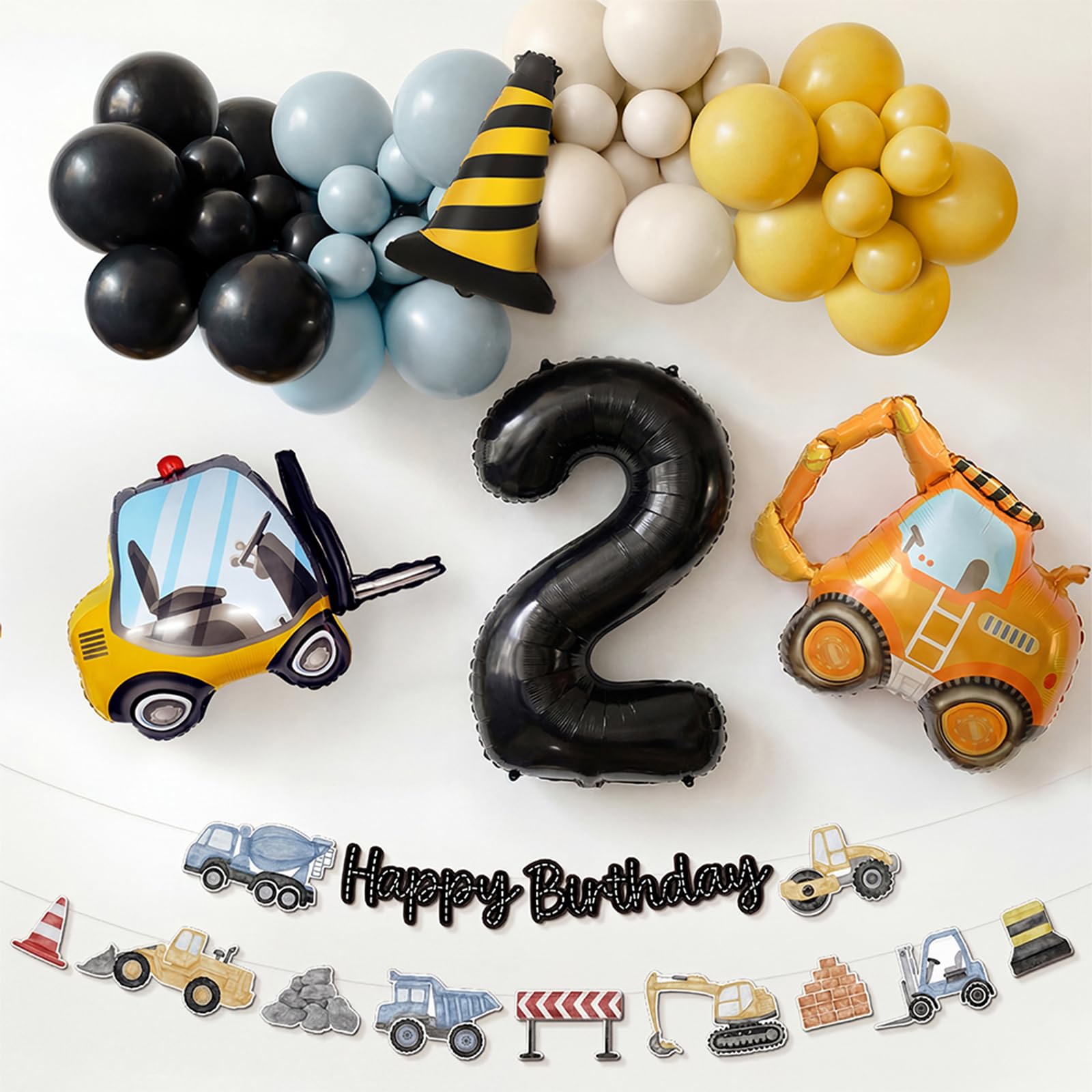 2nd Birthday Decorations Boy - Digger Birthday Decorations Construction Balloons Arch Kit with Foil Excavator Balloons 32Inch Number 2 Balloon and Happy Birthday Banner
