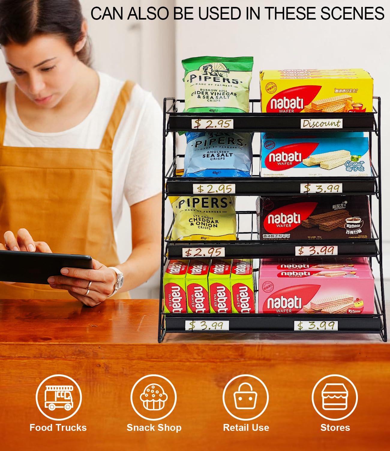 Candy Display Rack, 4 Tier Candy Organizer, Snack Organizer for Countertop, Snack Shelf Chip Rack for Store, Metal Snack Display for Counter, Concession Stand Snack Stand for Store Office Theatre