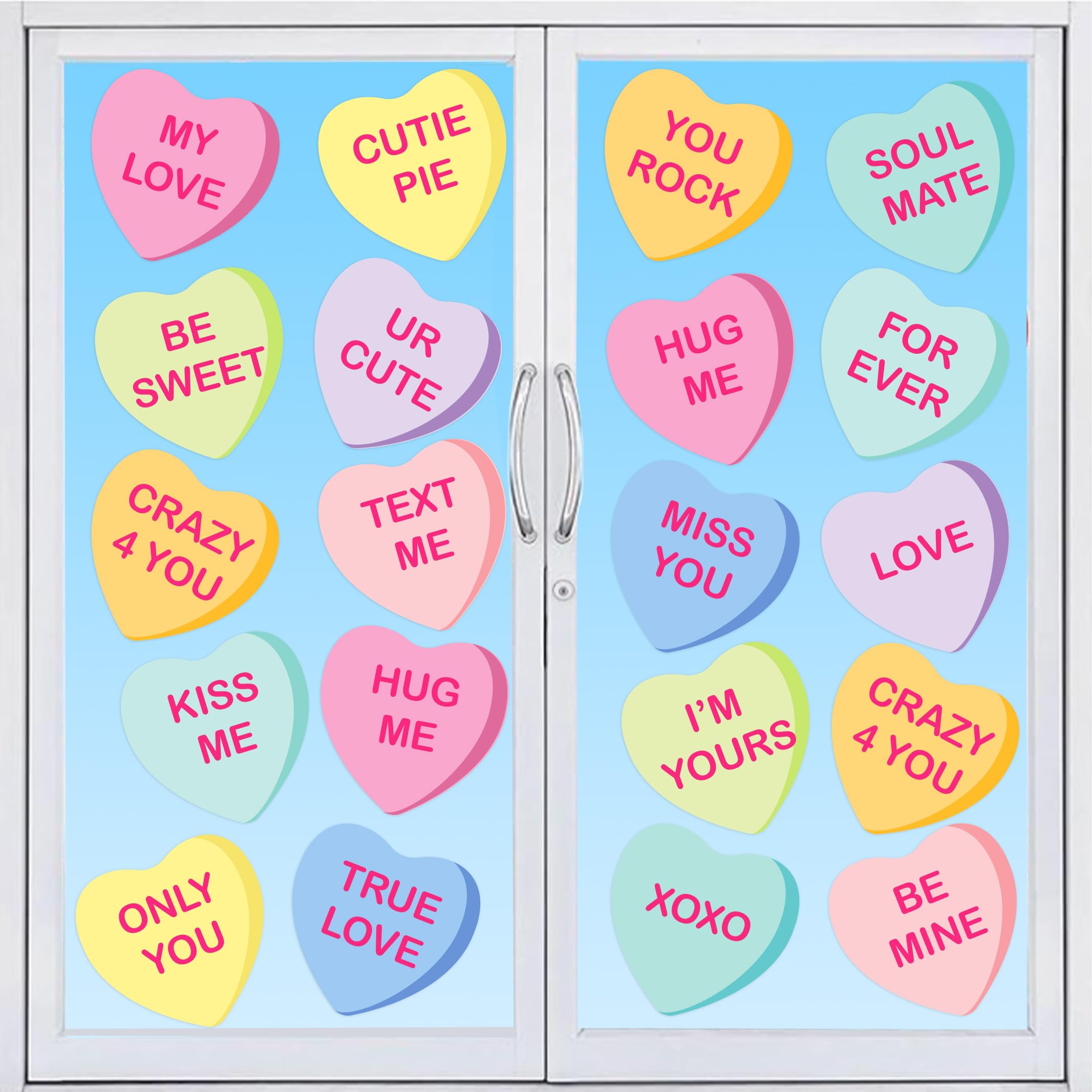 12 Sheets Valentine's Day Window Clings Conversation Heart Double-Sided Window Stickers Decals Candy Heart Window Decorations for Valentine's Day Home
