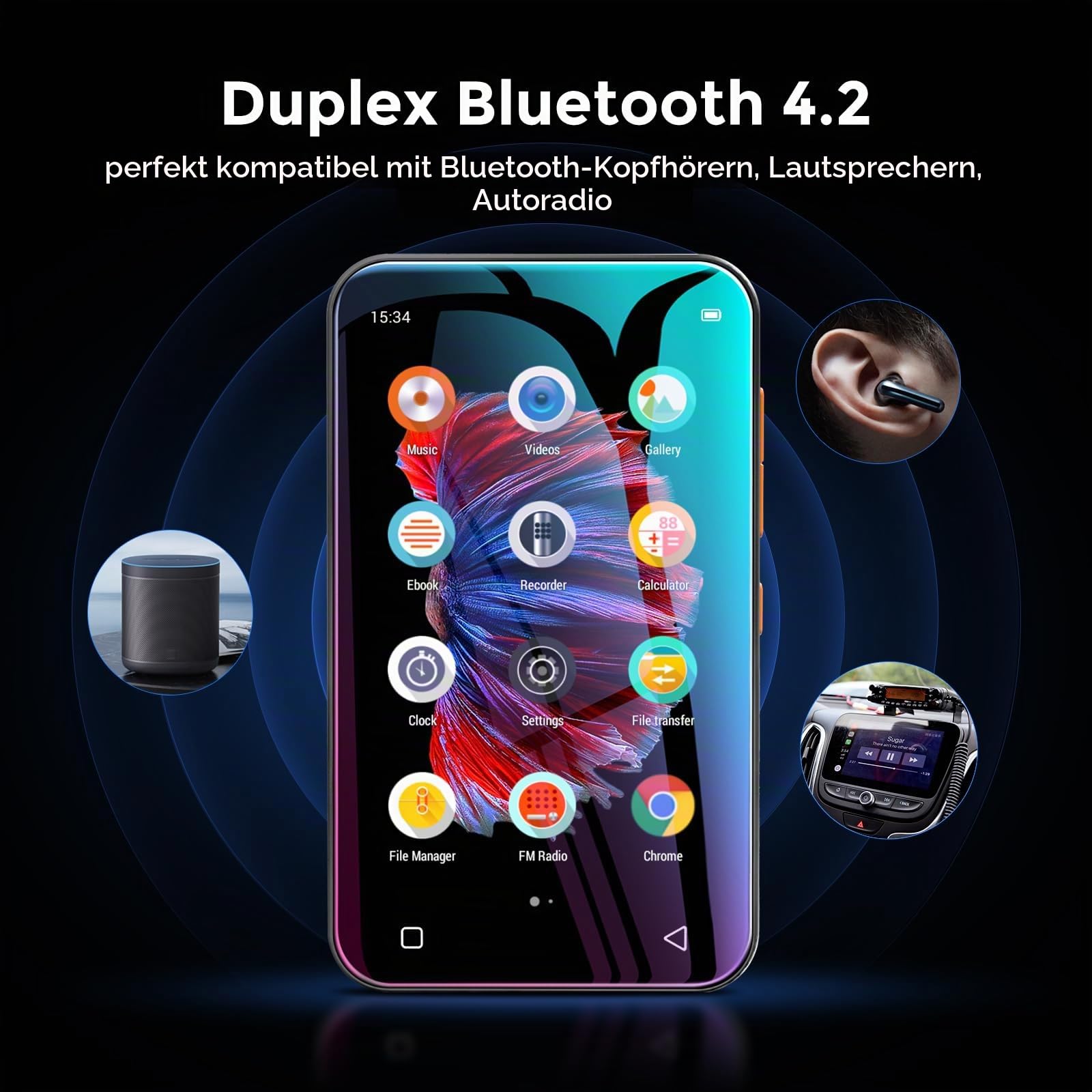 WiFi-MP3-Player mit Bluetooth, TIMMKOO 4,0-Zoll-Voll-Touchscreen-MP3-MP4-Player, tragbarer HiFi-Sound, digitaler Walkman-Musikplayer mit UKW-Radio, Rekorder, E-Book, Uhr, Browser (Schwarz)