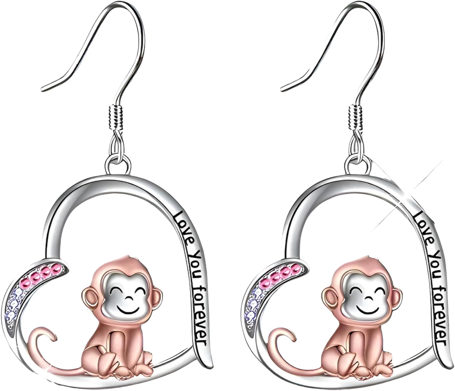 Heart-Shaped Animal Dangle Earrings, Monkey and Koala, Stainless Steel with Rhinestones, Banana Charm, Birthday or Party Gift