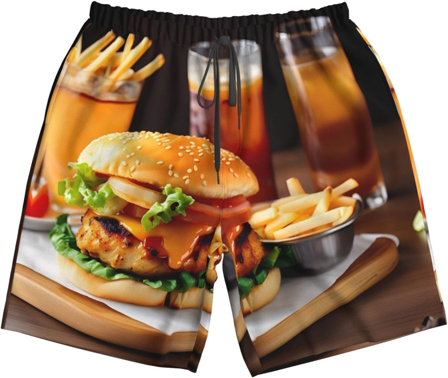 Chicken Leg Burger Drink Print Men's Quick-Drying Shorts Casual Beach Pants Stretch Waist Shorts and Pockets