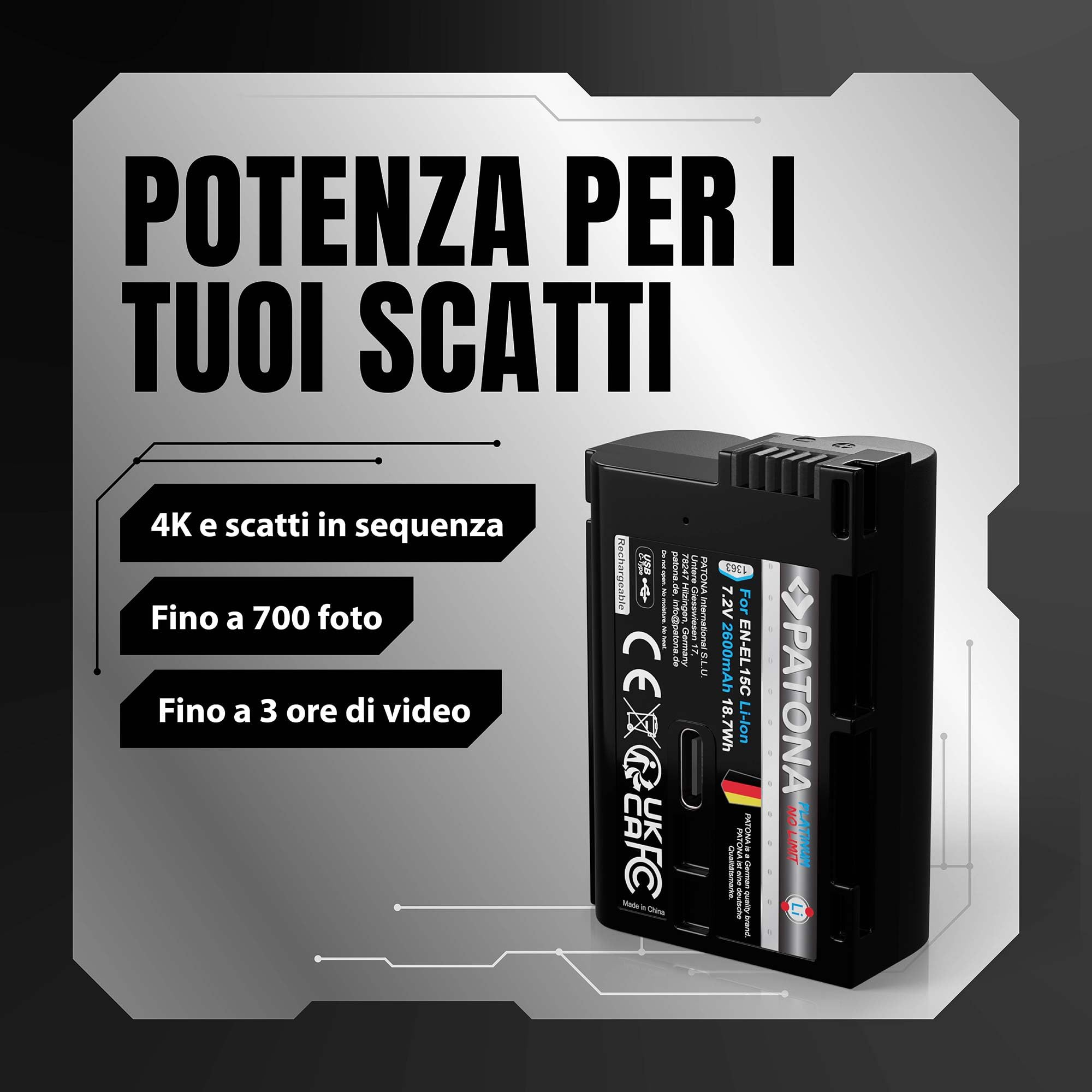 PATONA Platinum Batteria EN-EL15C 2600mAh con USB-C – ricambio per Nikon EN-EL15 EL15b EL15c – compatibile con Z5 Z6 II/III Z7 II Z8 Zf D7500 D850 D780 – ricarica diretta nella batteria