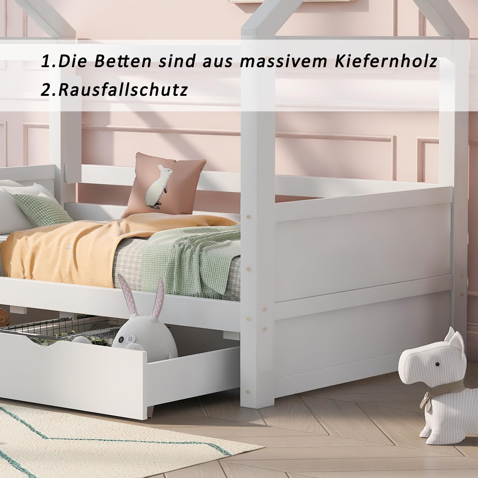 Hausbett Kinderbett Jugendbett 90x200 mit Rausfallschutz vielseitiges Holz Kinderbett für Jungen & Mädchen, Massivholz Kinder Bett mit Rausfallschutz Fenster und Lattenrost, Weiss
