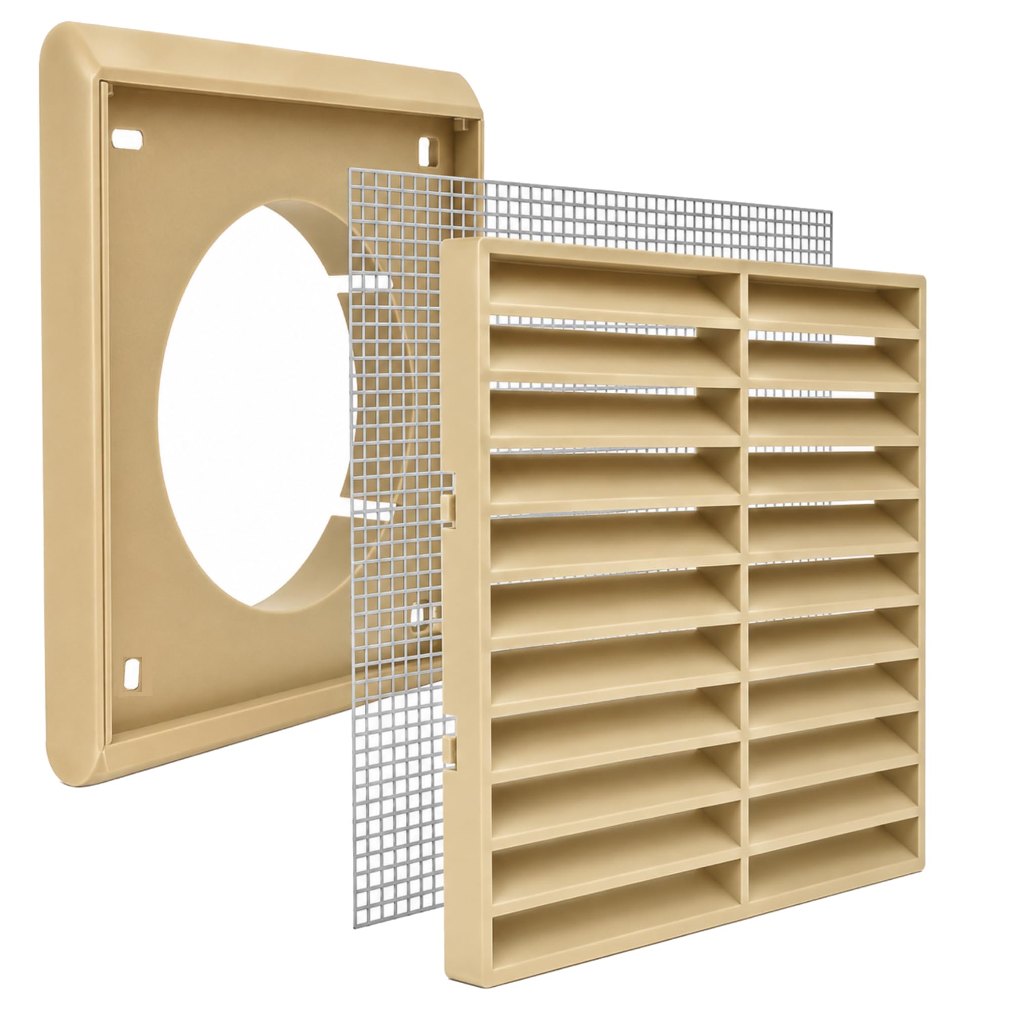 Beige Fixed Louvred Vent Grille with Flyscreen – External Air Vent Cover with 4" Inch/100mm Round Spigot Connection