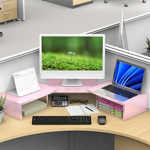 Miniatura 5 de Soporte de monitor doble para escritorio, elevador de monitor de metal, suministros de oficina rosa y accesorios (rosa)