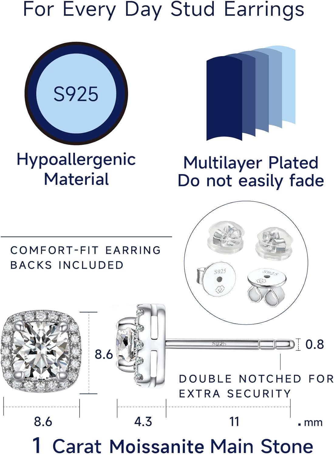 MomentWish Moissanite Earrings for Women, Gifts for Christmas, 1/2 Carat Moissanite Stud Earrings, D Color VVS1 Simulated Diamond 925 Sterling Silver Halo Earrings for Birthday Anniversary - Image 7