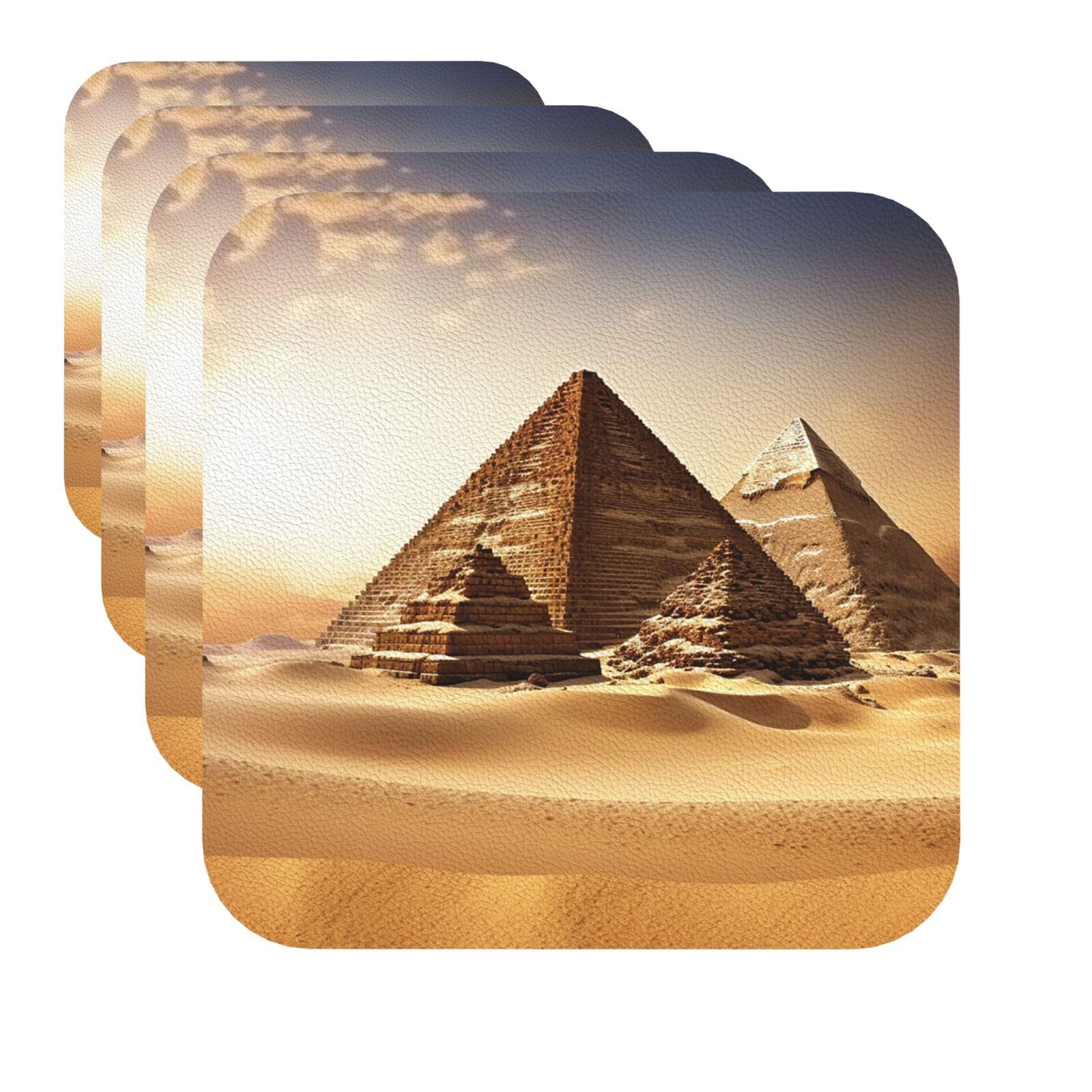 Drink Coasters Set of 4 Quick-Dry Leather Coaster Egyptian Pyramids Coasters for Drinks Coffee Cup Mat Tabletop Protection Heat Resistant Coaster for Kitchen Bar Office Home Decor