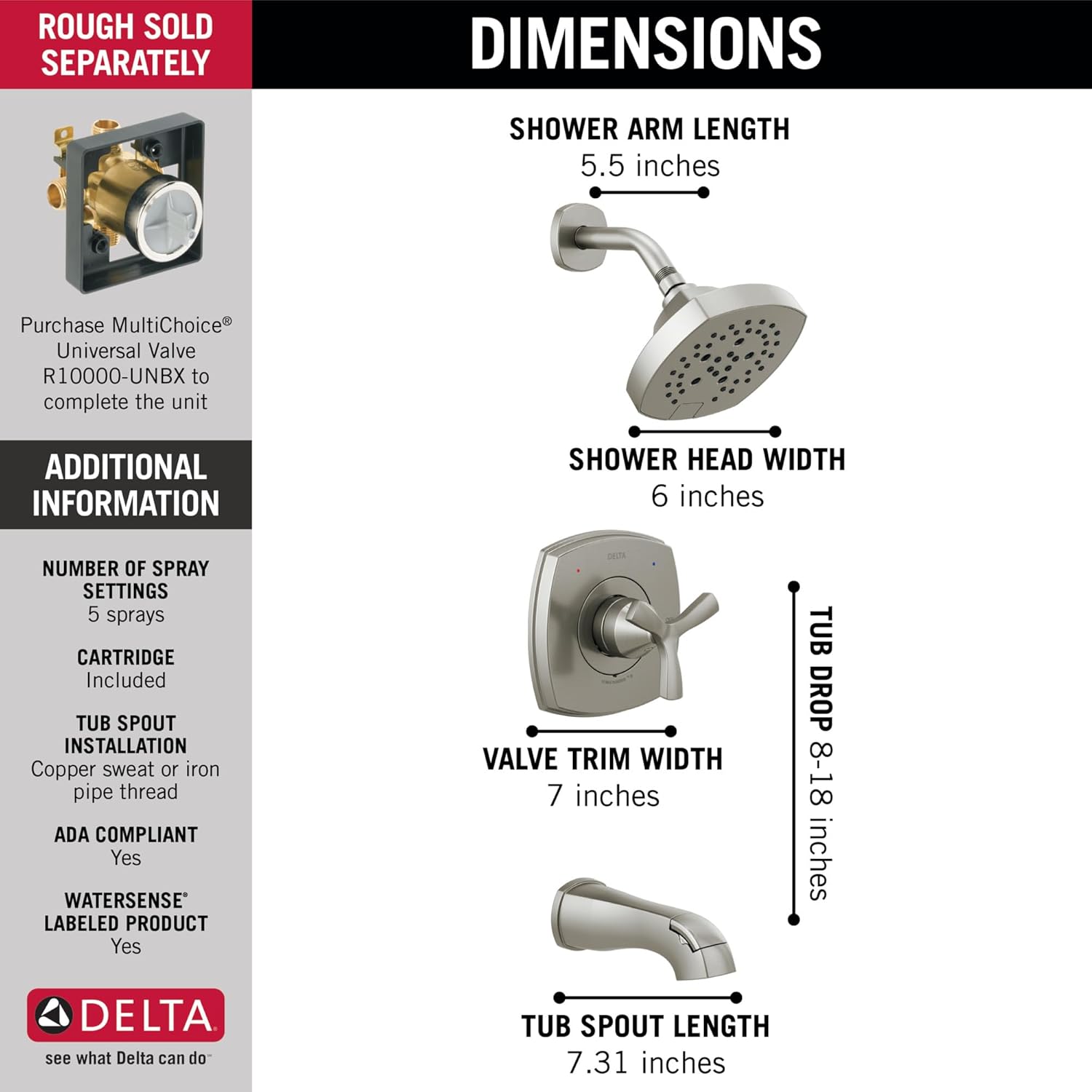 Delta Faucet Stryke 14 Series Single-Function Brushed Nickel H2Okinetic Tub Shower Faucet, Valve Trim Kit, Shower Handle, Delta Shower Trim Kit, Lumicoat Stainless T144766-SS-PR (Valve Not Included)
