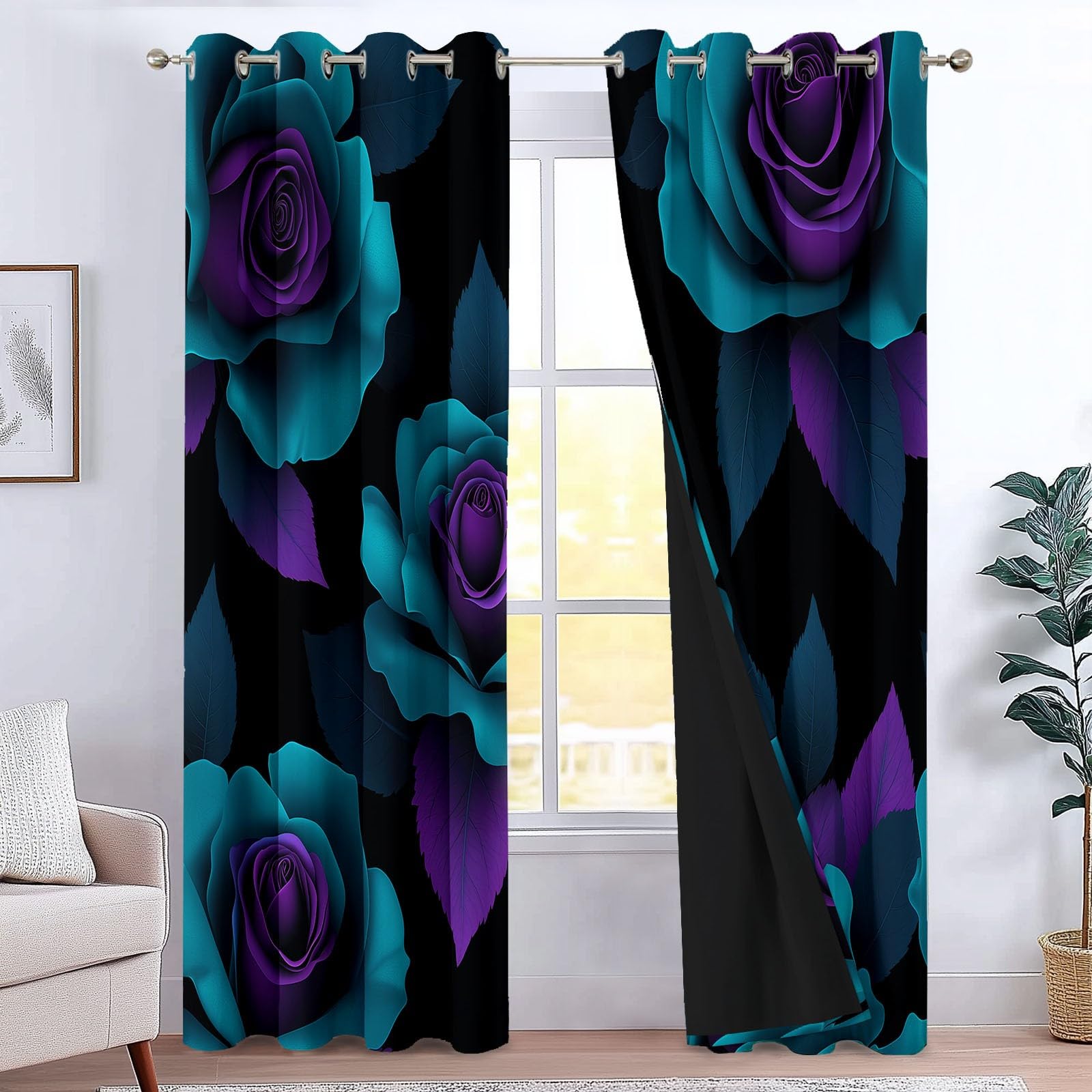 Tende Oscuranti per Interni 2 Pezzi 140x140 cm (LxA), Fiore Rosa 3D Foglie Tenda Coprente per Soggiorno, Termiche Isolanti Nero Tendaggi per Interno Finestra per Salotto Cucina