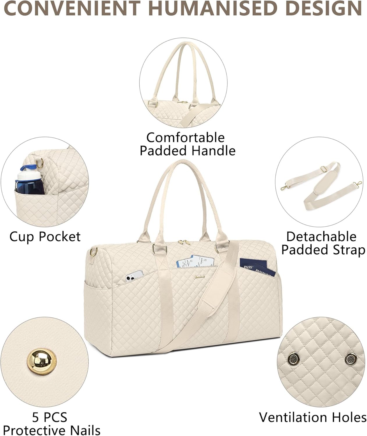 Women Weekender Travel Duffle Bag: Travel Duffel Overnight Bags with Shoe Compartment Large Carry on Tote with Toiletry Bag Weekend Traveling Yoga Gym Hospital Bag for Women with Wet Pocket (Cream) - Image 5