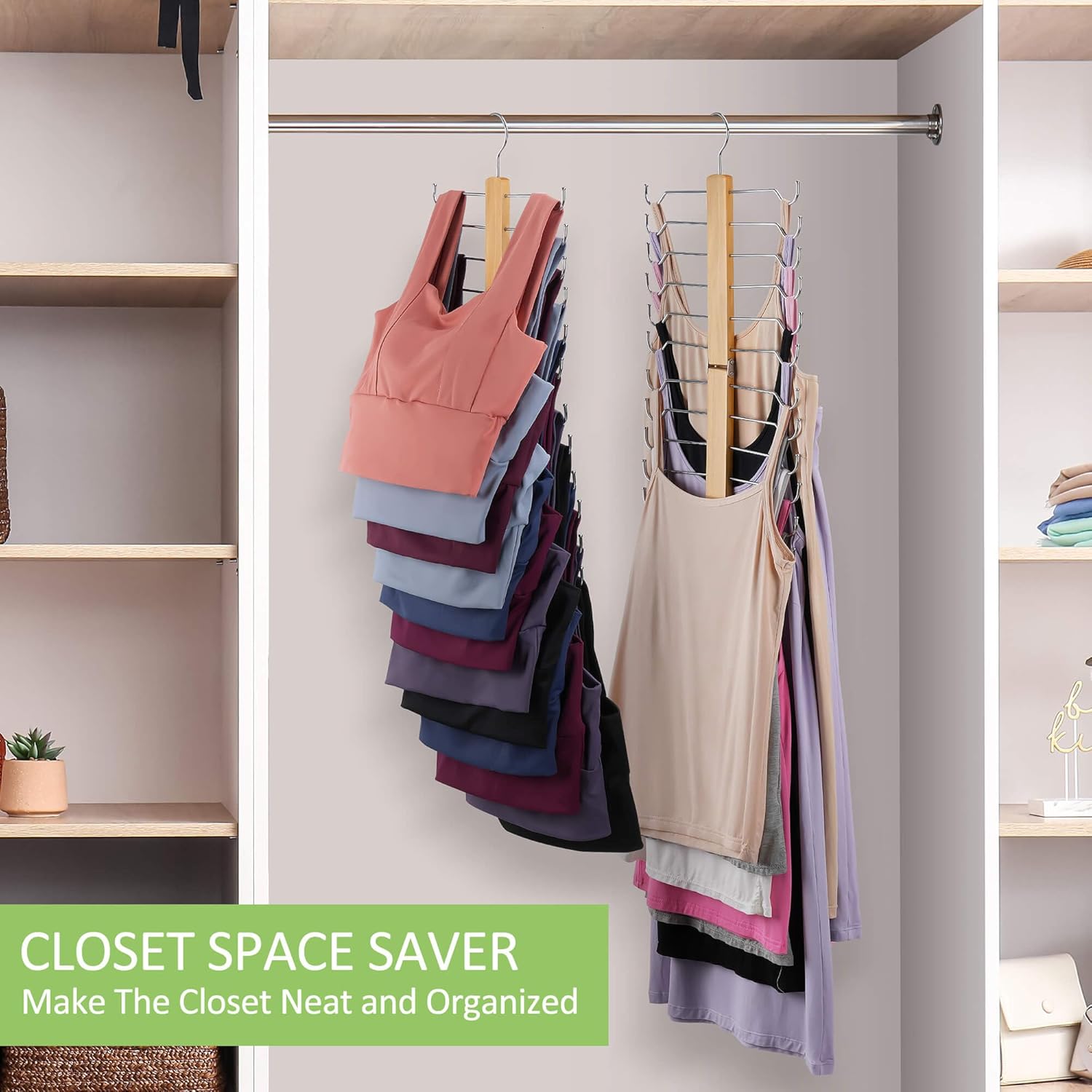 Tank Top Hanger, 2 Pack Bra Organizer, Sturdy Wooden Space Saving Holder Closet Organizers and Storage for Tank Tops, Bras, Camisoles, Swimsuits
