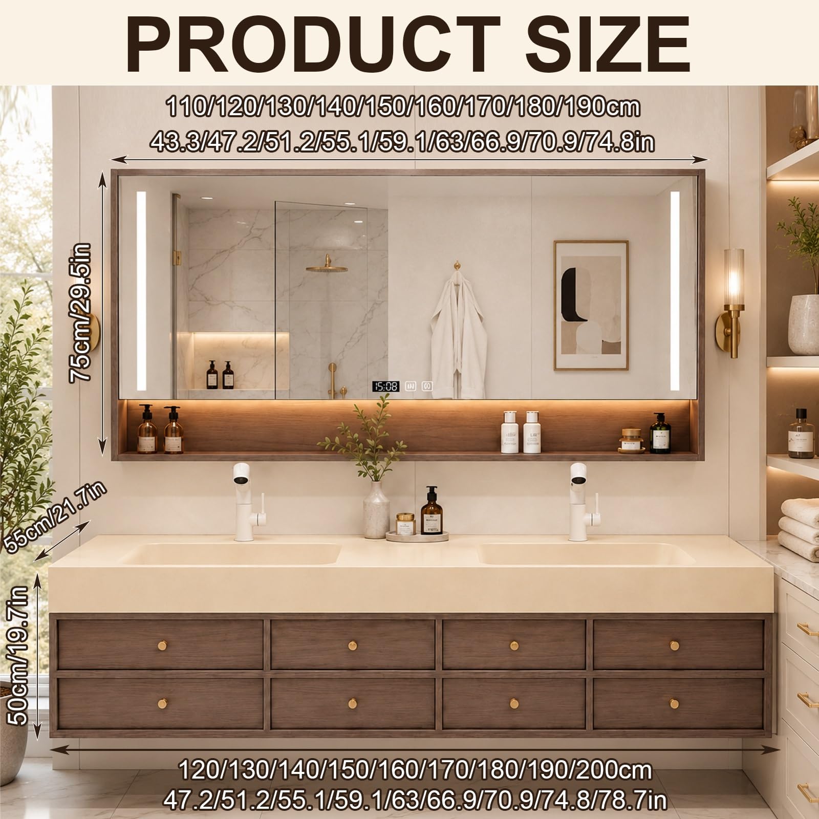 Mobile Bagno con Lavabo, Mobile Bagno Sospeso con Specchio Contenitore, Doppio Lavabo, Rubinetti Regolabili, Cassetti per Bagno Casa e Suite