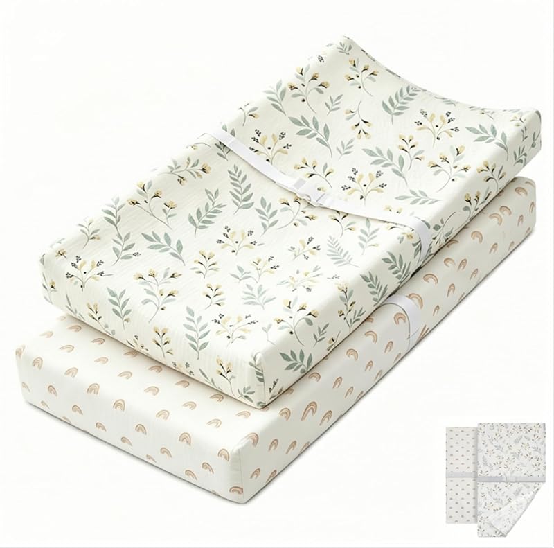 Changing Table Pad Cover Compatible with Davinci, Soft Breathable Muslin Changing Pad Cover for Baby Girls Boys, Nursery Changing Pad Covers Washable Diaper Changing Pad Cover, 2 Pack