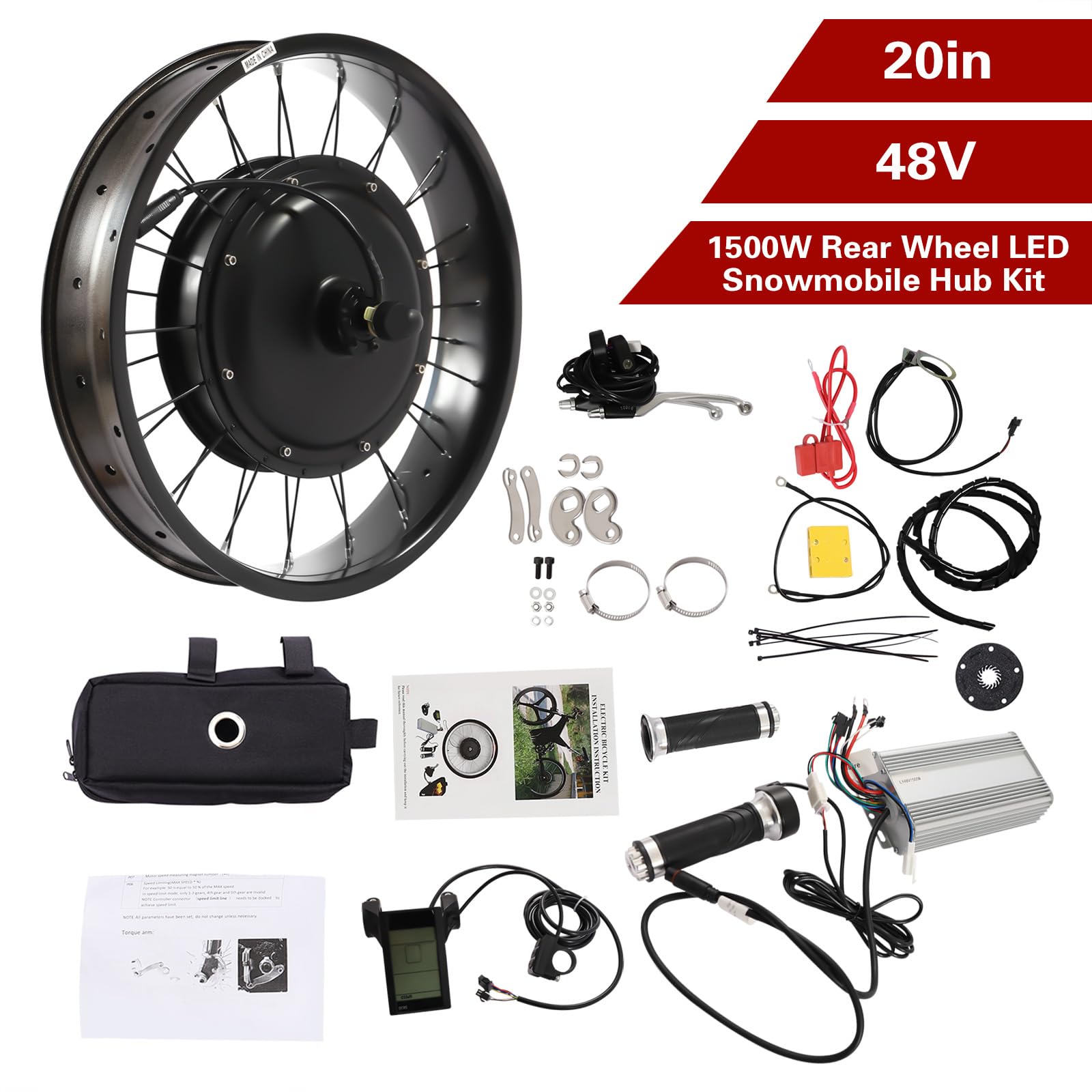 Zestaw do konwersji roweru elektrycznego 20", 48 V, 1500 W, 5-biegowa regulacja z silnikiem bezszczotkowym i bezzębnym, wyświetlacz LCD, zestaw do konwersji roweru elektrycznego