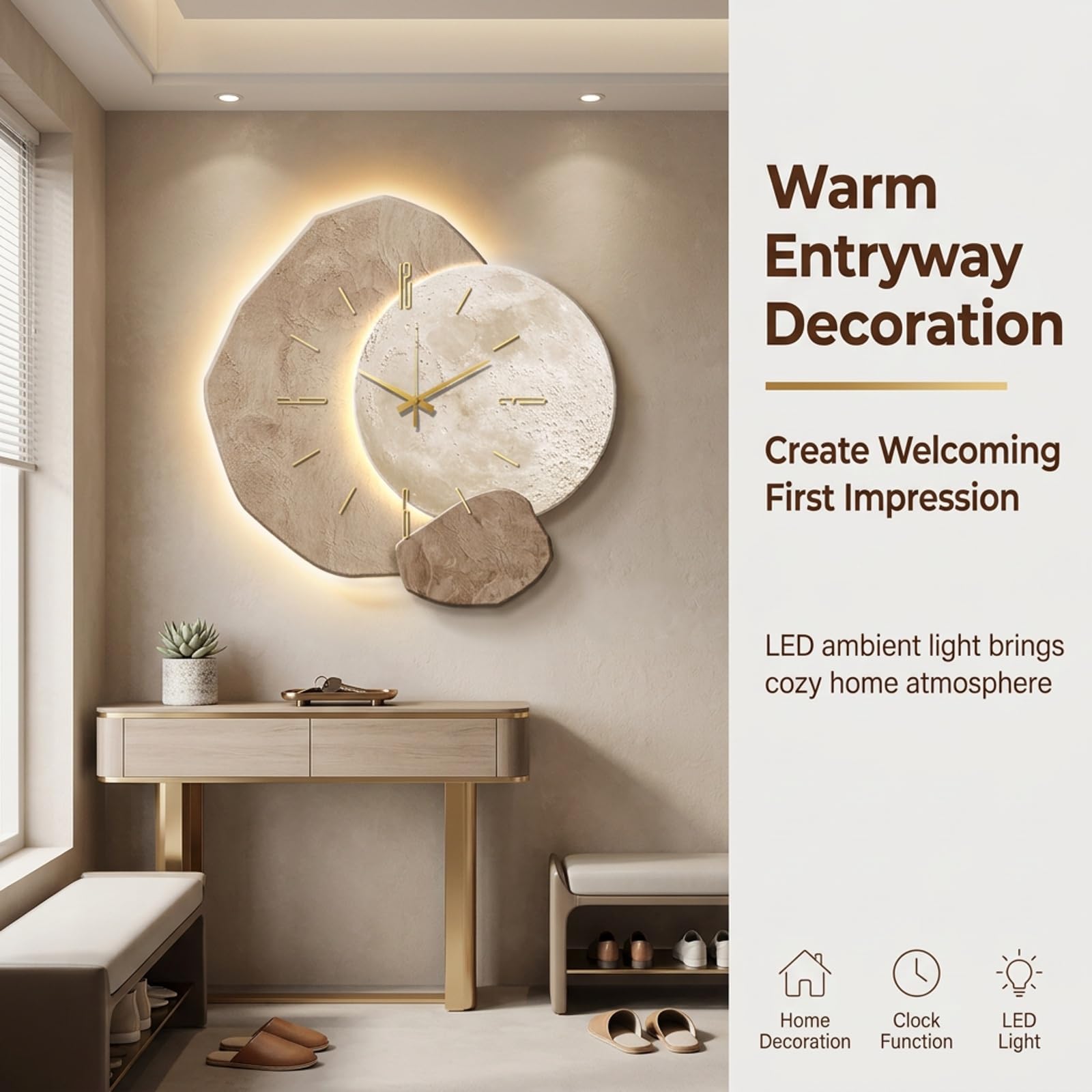 Orologio parete LED con design 3D, Moon Clock decorativo per decorazione | Design unico luna 3D, movimento al quarzo silenzioso, illuminazione LED ambientale(C,23.6IN*23.6IN_PLUG-IN MODEL)