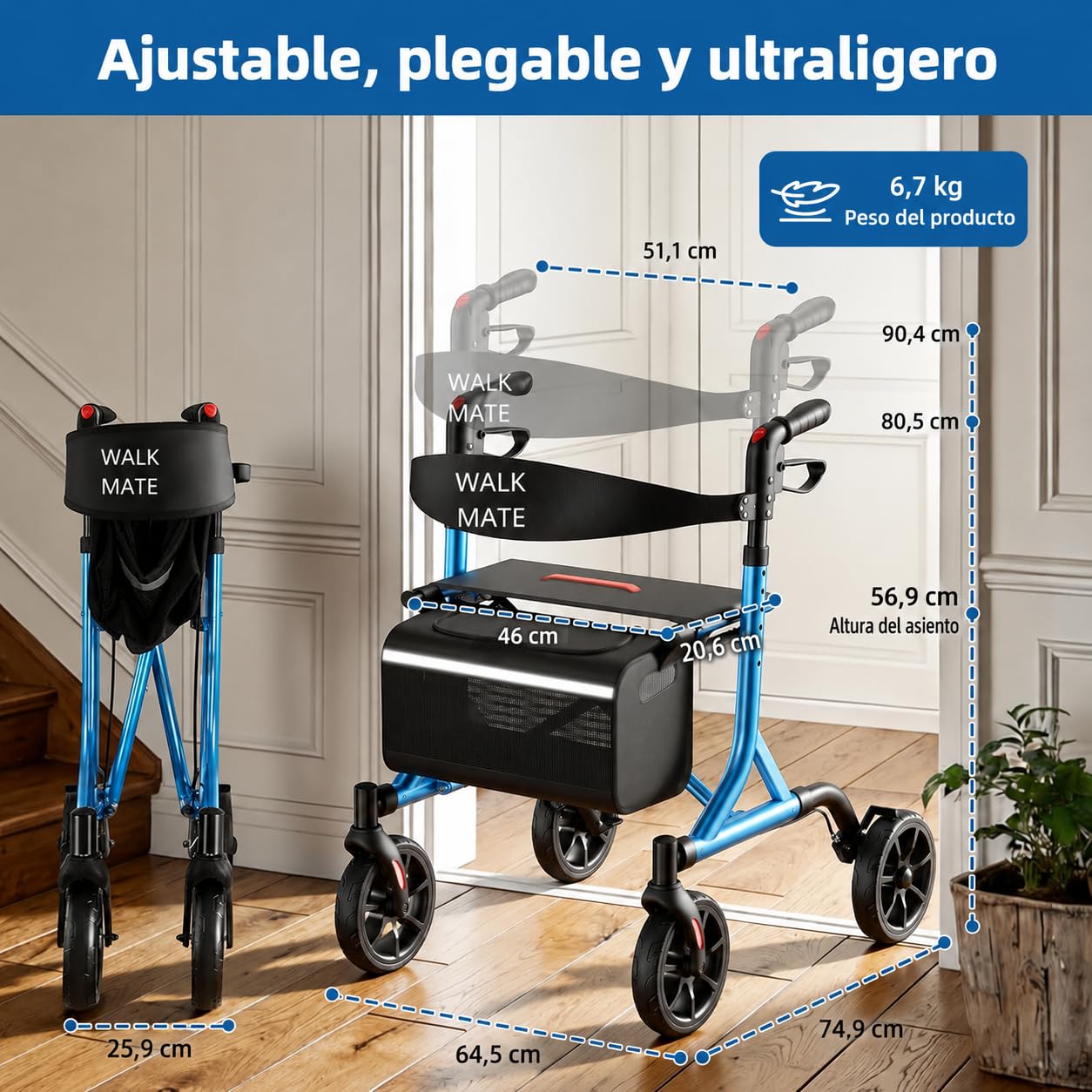 WALK MATE Andador para Ancianos Plegable y Ligero con Asiento - Altura Ajustable, Aluminio, Portavasos, Andador Delgado para Interior y Exterior, 6,7kg
