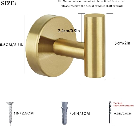 8 Pcs Bathroom Robe Towel Hooks Coat Wall Hook Stainless Steel Heavy Duty Door Hanger Towel Robe Clothes Cabinet Closet Sponges Hook for Bathroom Bedroom Kitchen Hotel Pool (Gold)