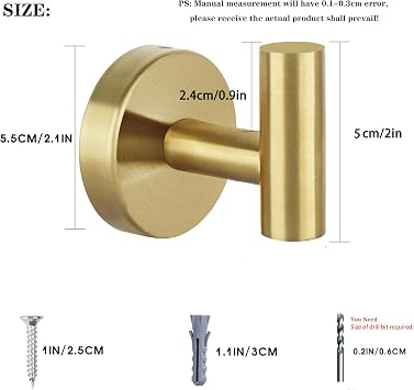 8 Pcs Bathroom Robe Towel Hooks Coat Wall Hook Stainless Steel Heavy Duty Door Hanger Towel Robe Clothes Cabinet Closet Sponges Hook for Bathroom Bedroom Kitchen Hotel Pool (Gold)