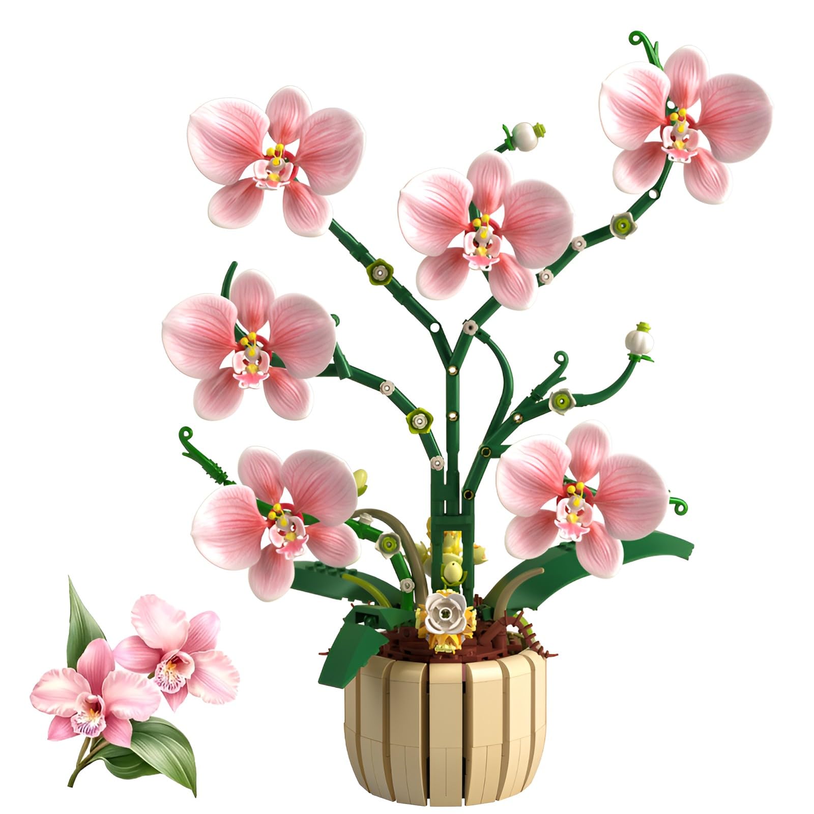 Pink Orchid Building Set, Artificial Flower Bouquet Bonsai Kit Decor 626PCS