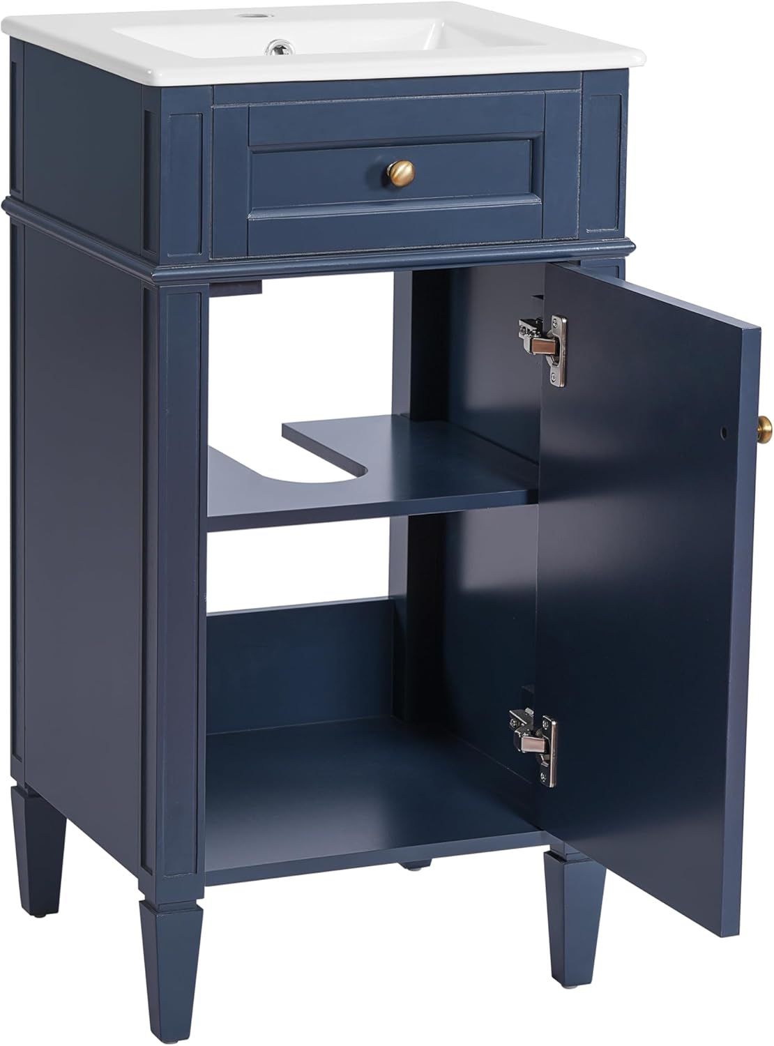 18 Inch Bathroom Vanity with Ceramic Top(Anti-Spill Design),Freestanding Small Bathroom Vanity with Sink,Soft Closing Door & Adjustable Shelf,Solid Wood Feet(Adjustable Pad),Dark Blue,French Style