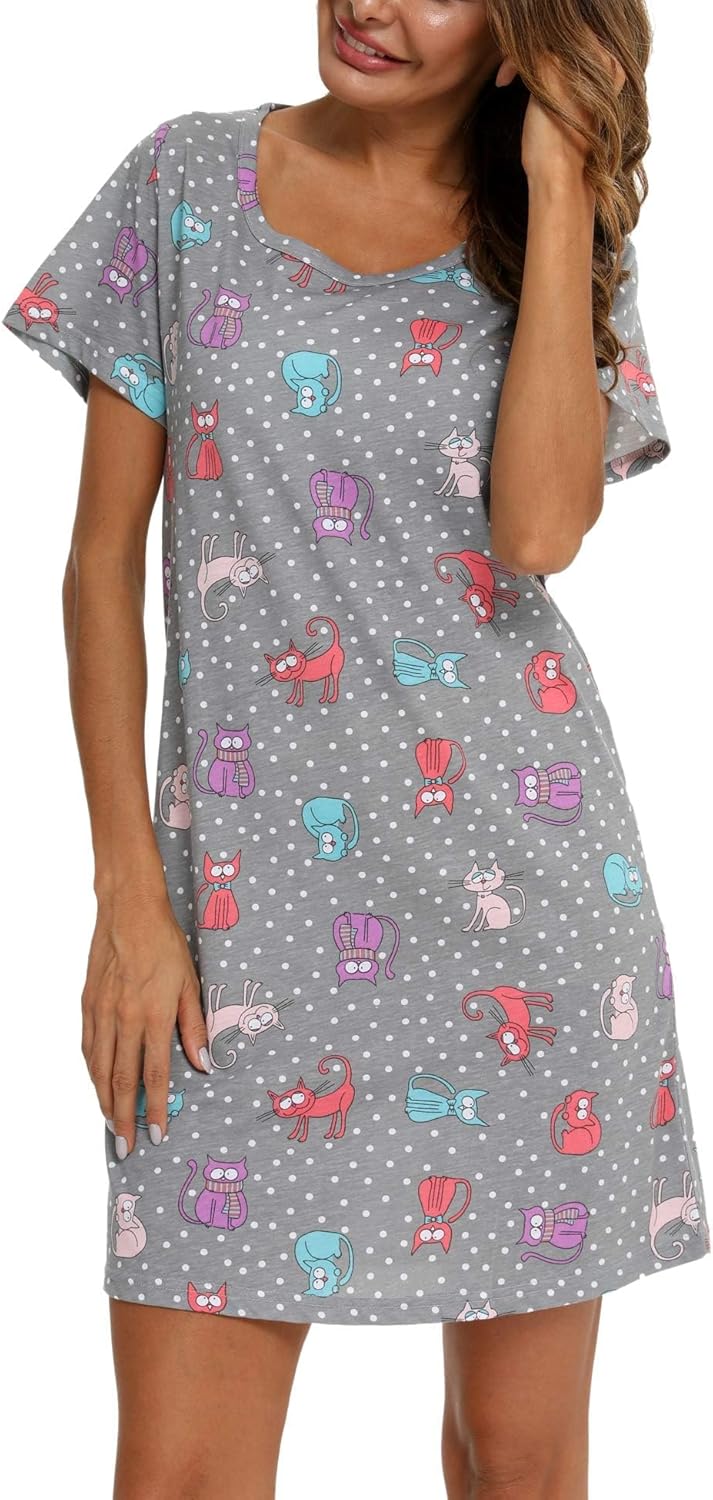 ENJOYNIGHT Womens Nightgowns Cotton Sleepwear Plus Size Sleep Shirt Short Sleeve Nightshirt Print Sleepshirt - Image 3