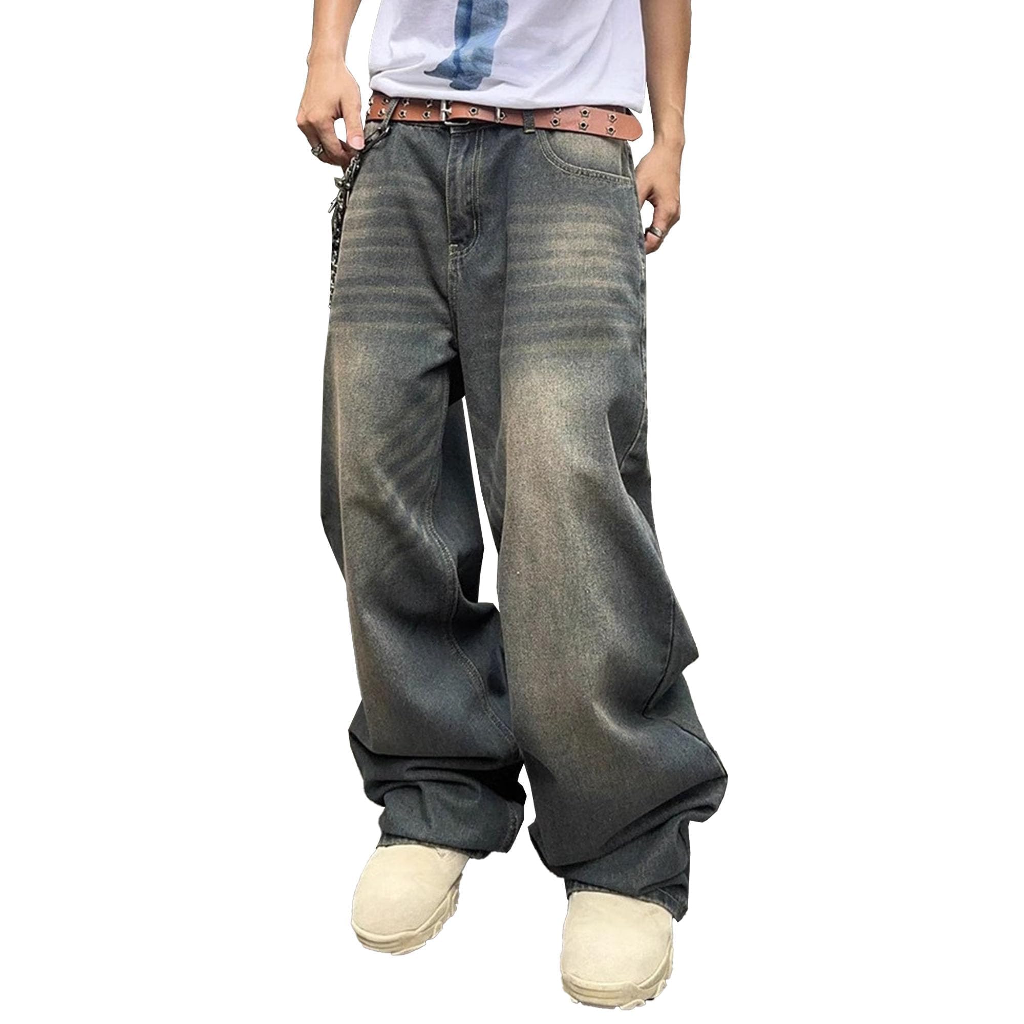 Men's Baggy Hip Hop Jeans Y2k Wide Leg Skater Denim Pants Casual Oversized Straight Leg Trousers Streetwear