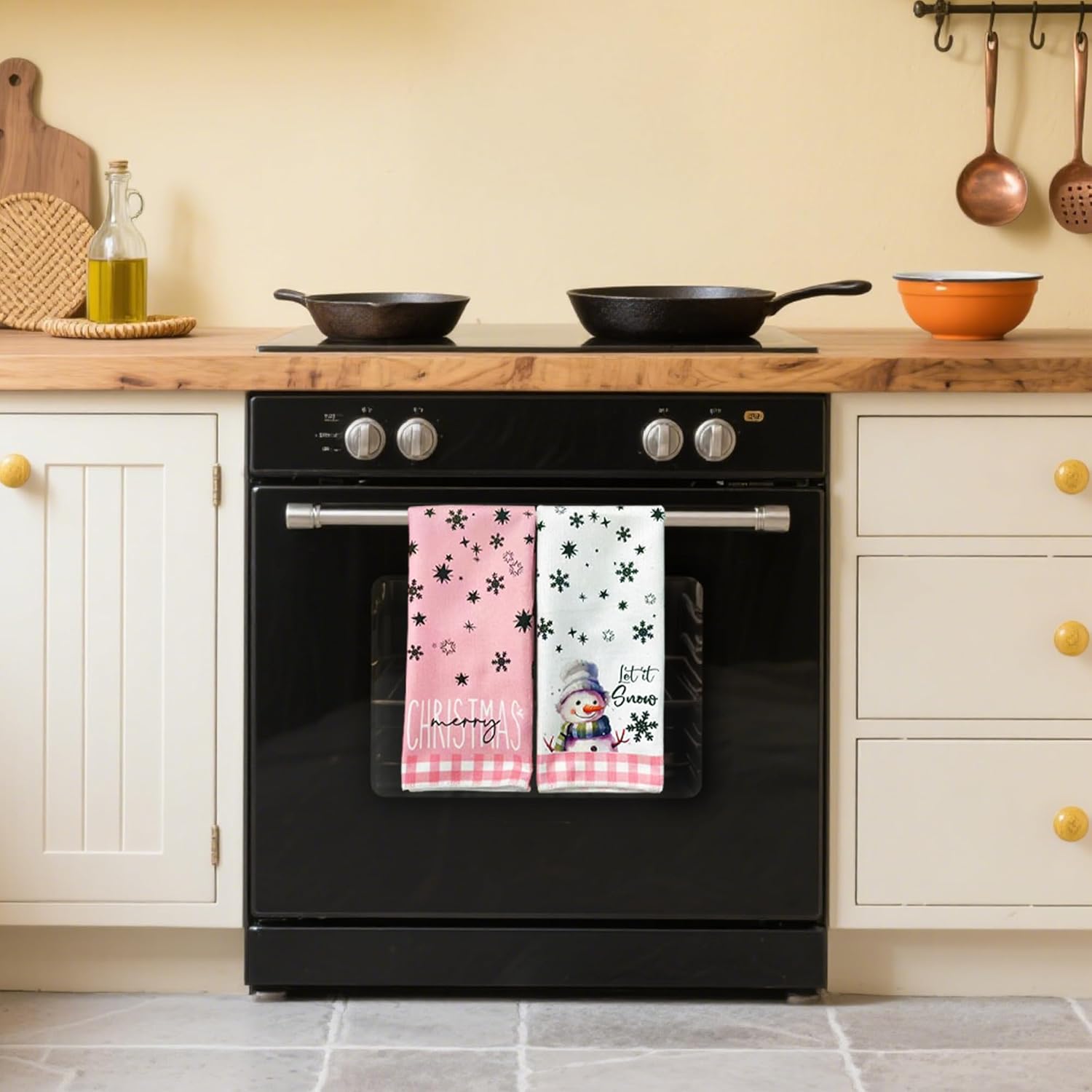 Merry Christmas Kitchen Towels Set of 2,Funny Snowman Dish Towels Holiday Home Indoor Bathroom Party Seasonal Decorations,Cute Pink Buffalo Plaid Farmhouse Decor,Winter Hand Towels - Image 2