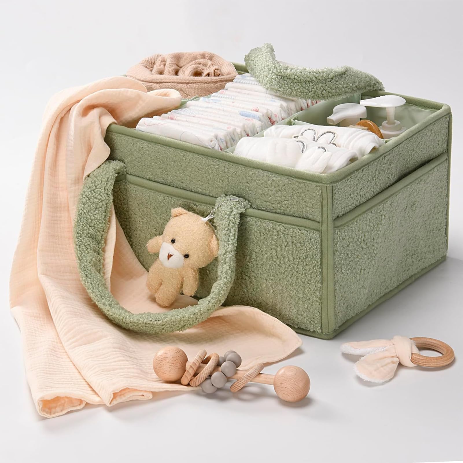 Panier Rangement Bébé, Panier De Rangement Bebe à Langer Portable, Organisateur Table a Langer Bebe En Peluche Avec Compartiments Interchangeables, Pour Lingettes Humides Et Articles Pour Bébé (Vert)