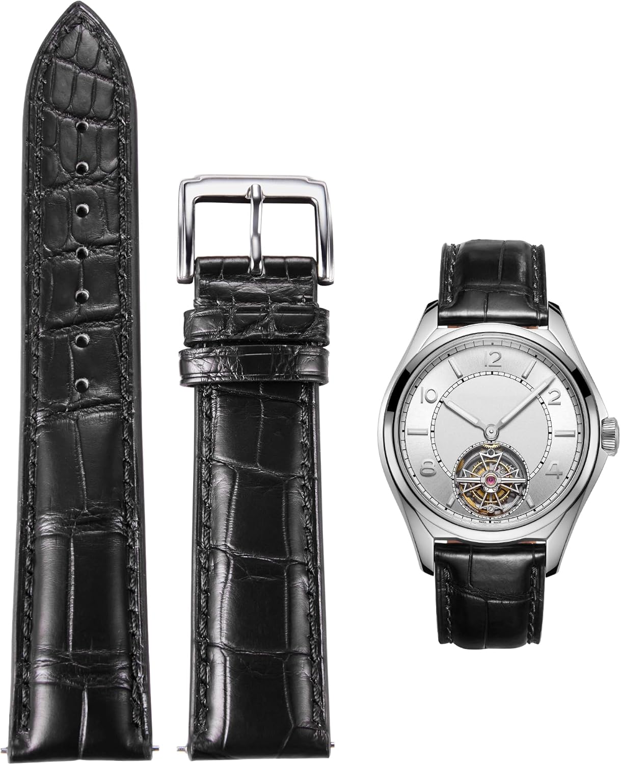 BINLUN Alligator Leather Watch Band Crocodile Grain Leather Watch Straps Quick Release Replacment Classic Vintage Genuine Leather Watch bands for Men Women 20mm Black with Silver Buckle