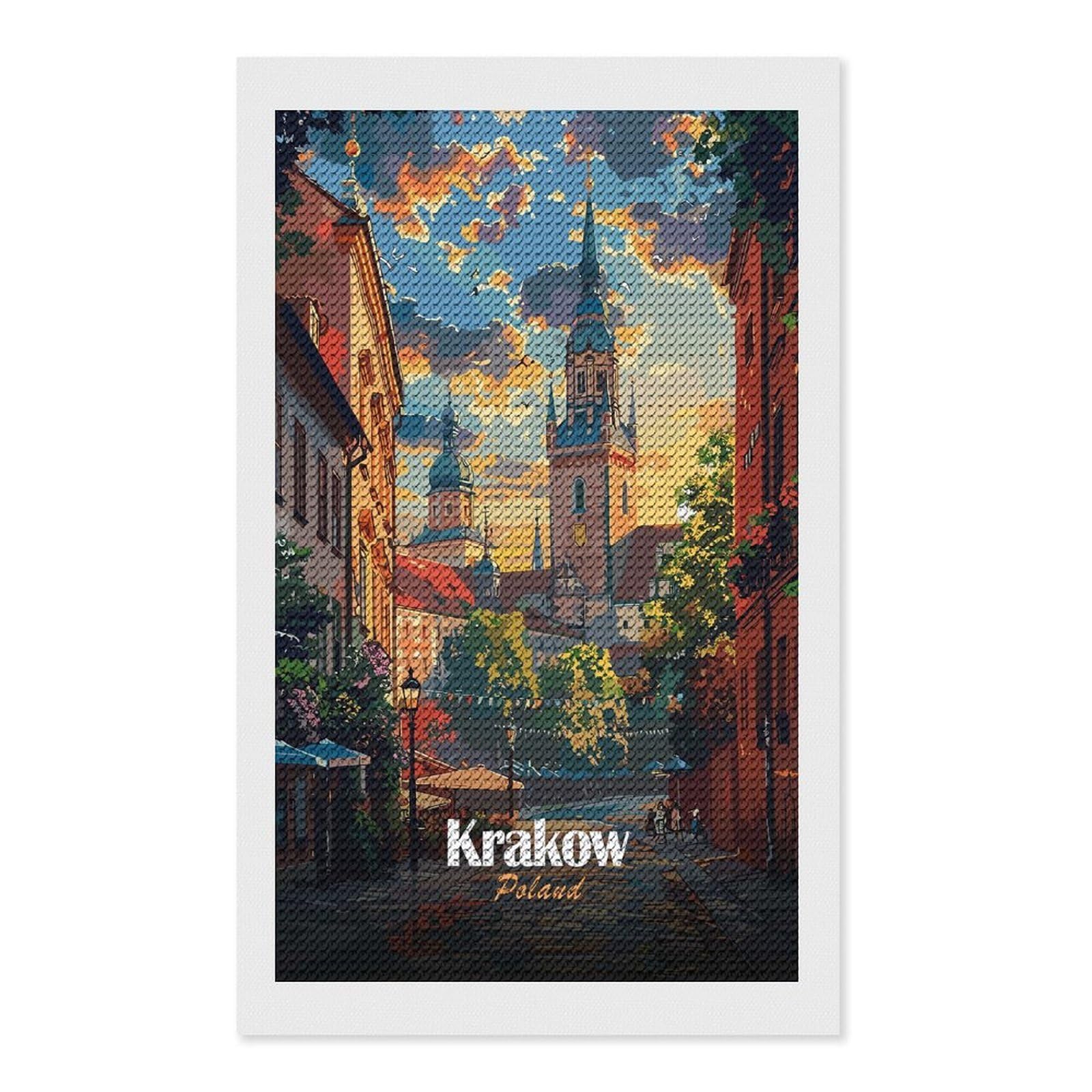 Junmoney Krakow, Poland Cityscape Illustration Diamond Painting Kit 12"x20", Adhesive Canvas, Home Wall Decor, for Beginners, Birthday Gift, Full Kit Included