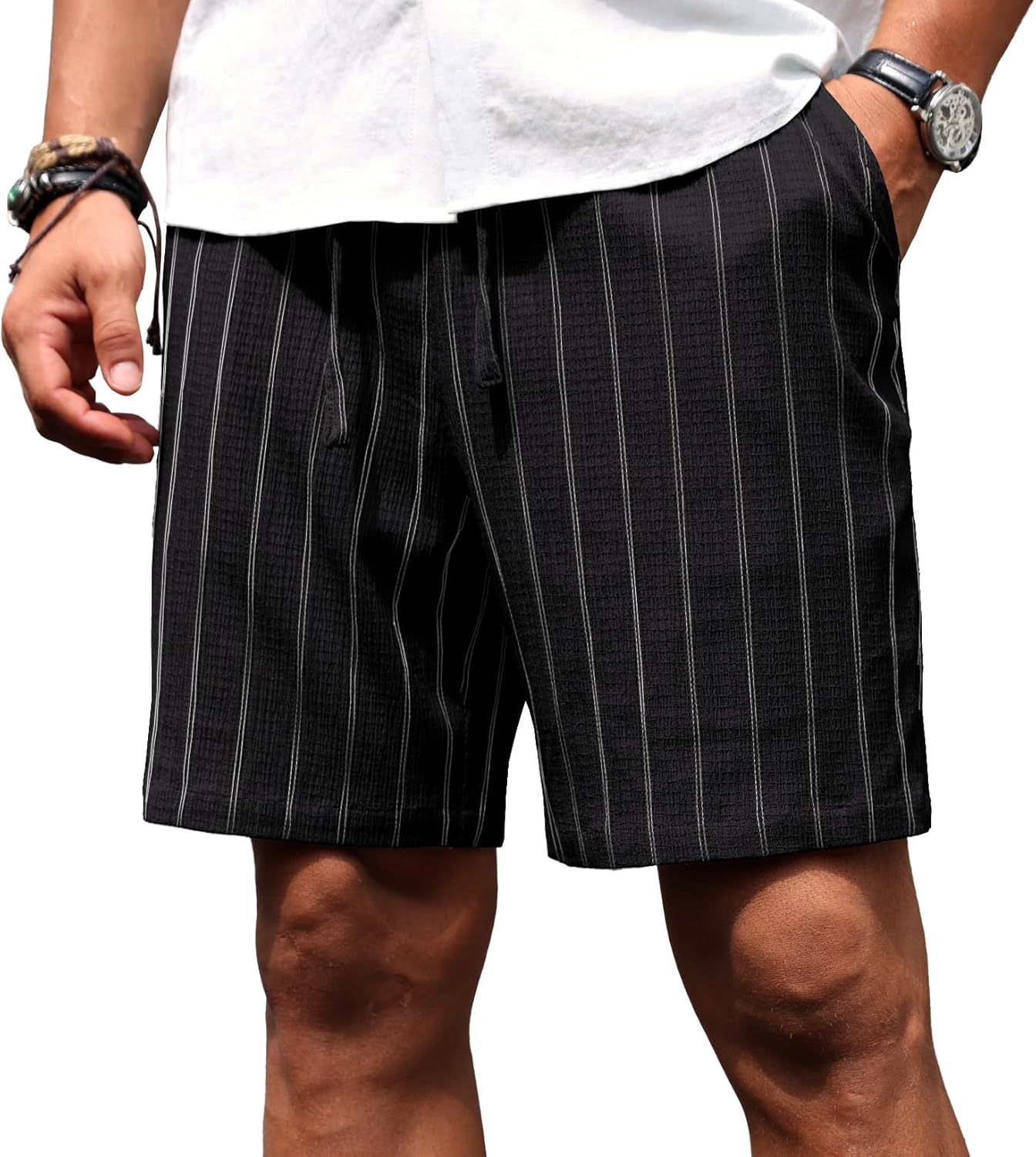 Sailwind Mens Striped Casual 7" Shorts Summer Beach Elastic Waist Drawstring Shorts with Pockets - Image 4