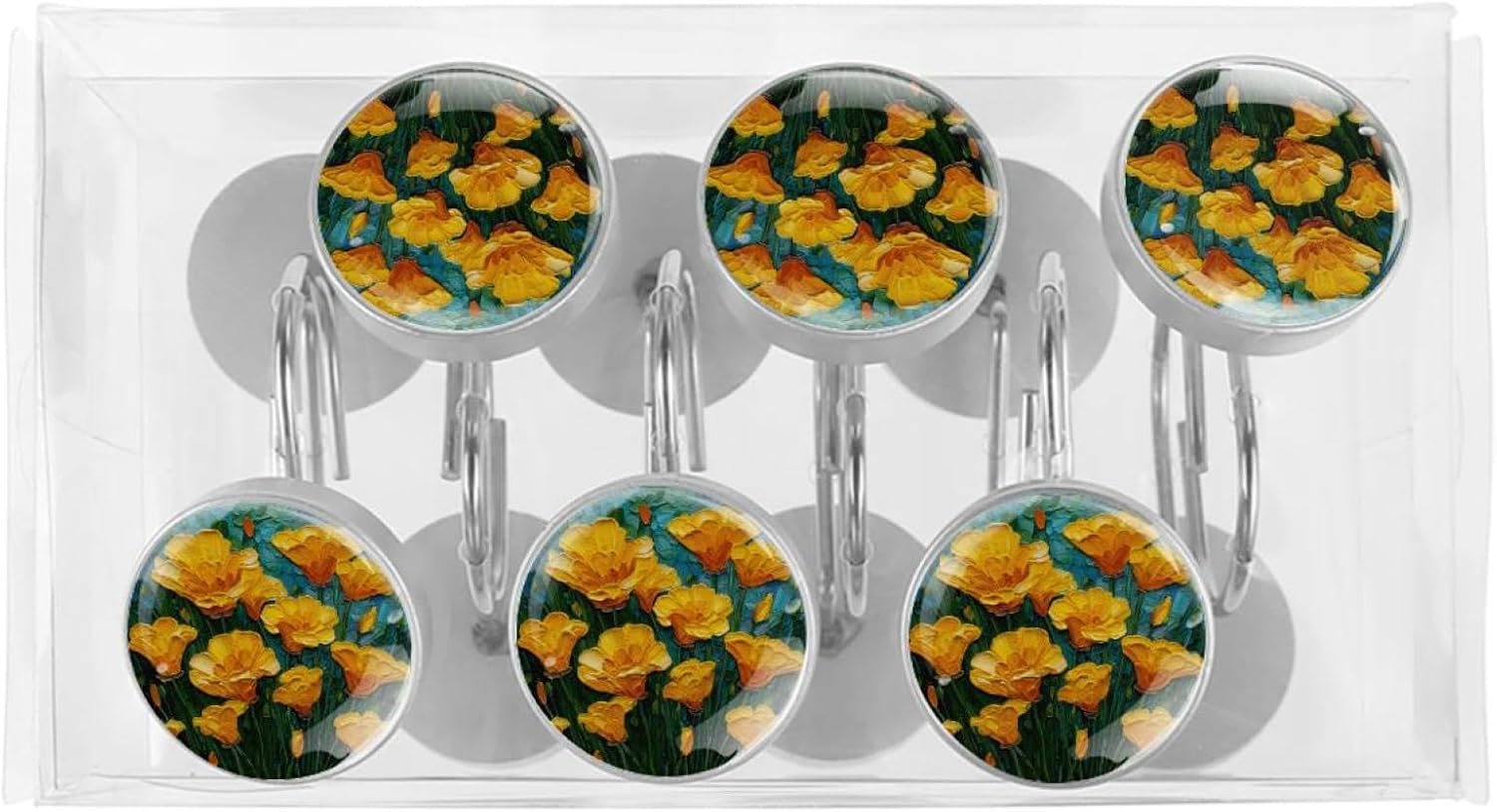 12PCS Yellow California Poppy Painting (1) Shower Curtain Hooks Metal Rust Resistant Decorative Shower Curtain Hooks Bathroom Decorations