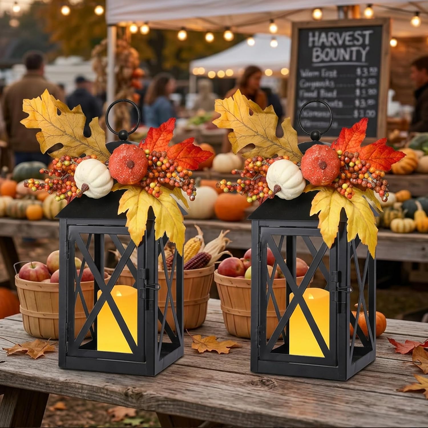 MUMTOP Fall Harvest Lanterns with Flameless LED Candles, 2 Pack, 14.56''