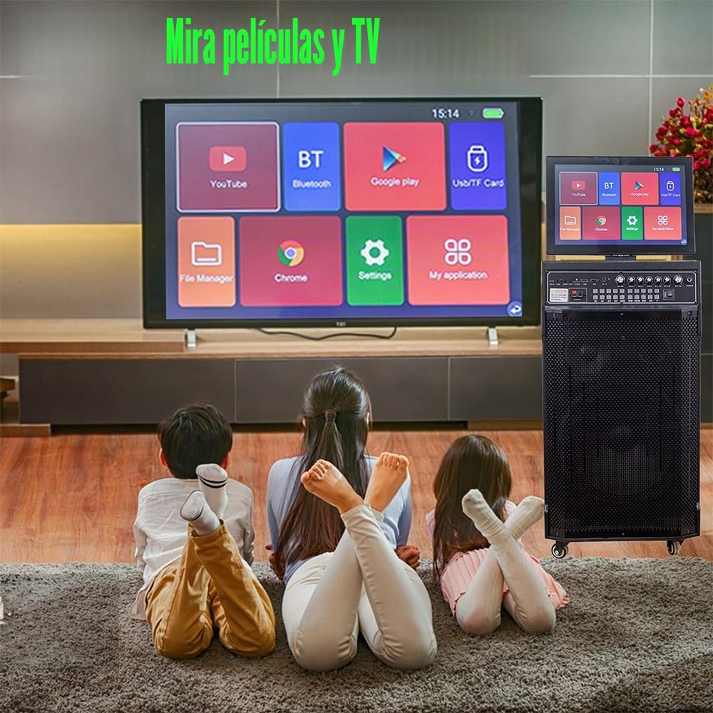 Máquina de Karaoke de 14.4" con Pantalla táctil | Sistema de PA portátil con 2 micrófonos inalámbricos | Altavoz WiFi Bluetooth para Fiesta al Aire Libre en casa |Sistema Android 40-400W