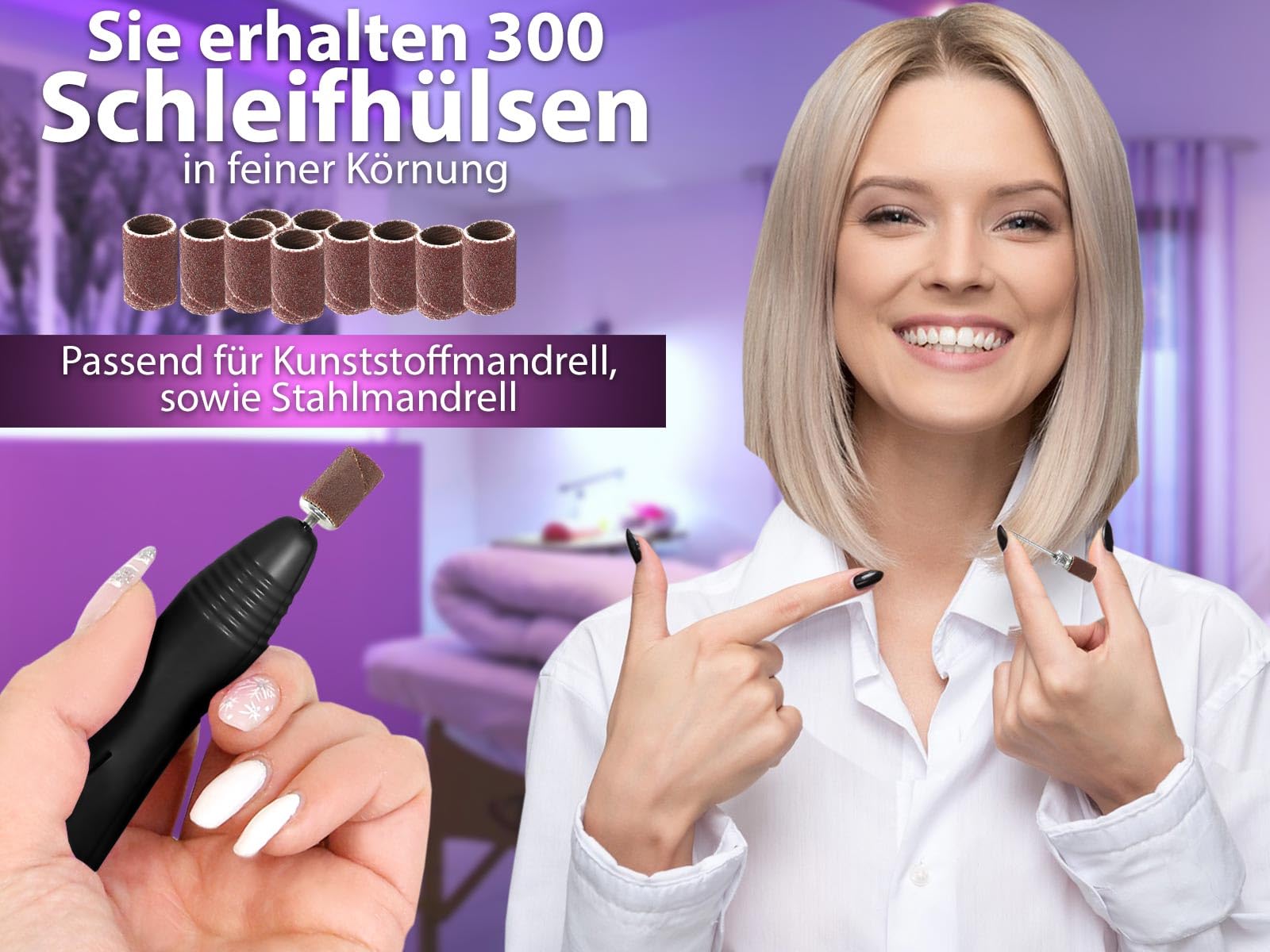 Fußpflegegerät Pediküre Schleifgerät mit Hornhautentferner komplett Set | Elektrischer Hornhautschleifer für die Fußpflege mit Fräser-Bits und 300 Schleifhülsen