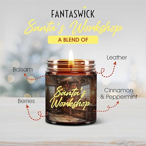 Miniatura 3 de Fantaswick Christmas Candle Santa's Workshop  Perfumada con cuero, bálsamo, bayas, canela y menta  Vela de cera de soja de coco 100% natural  Tarro