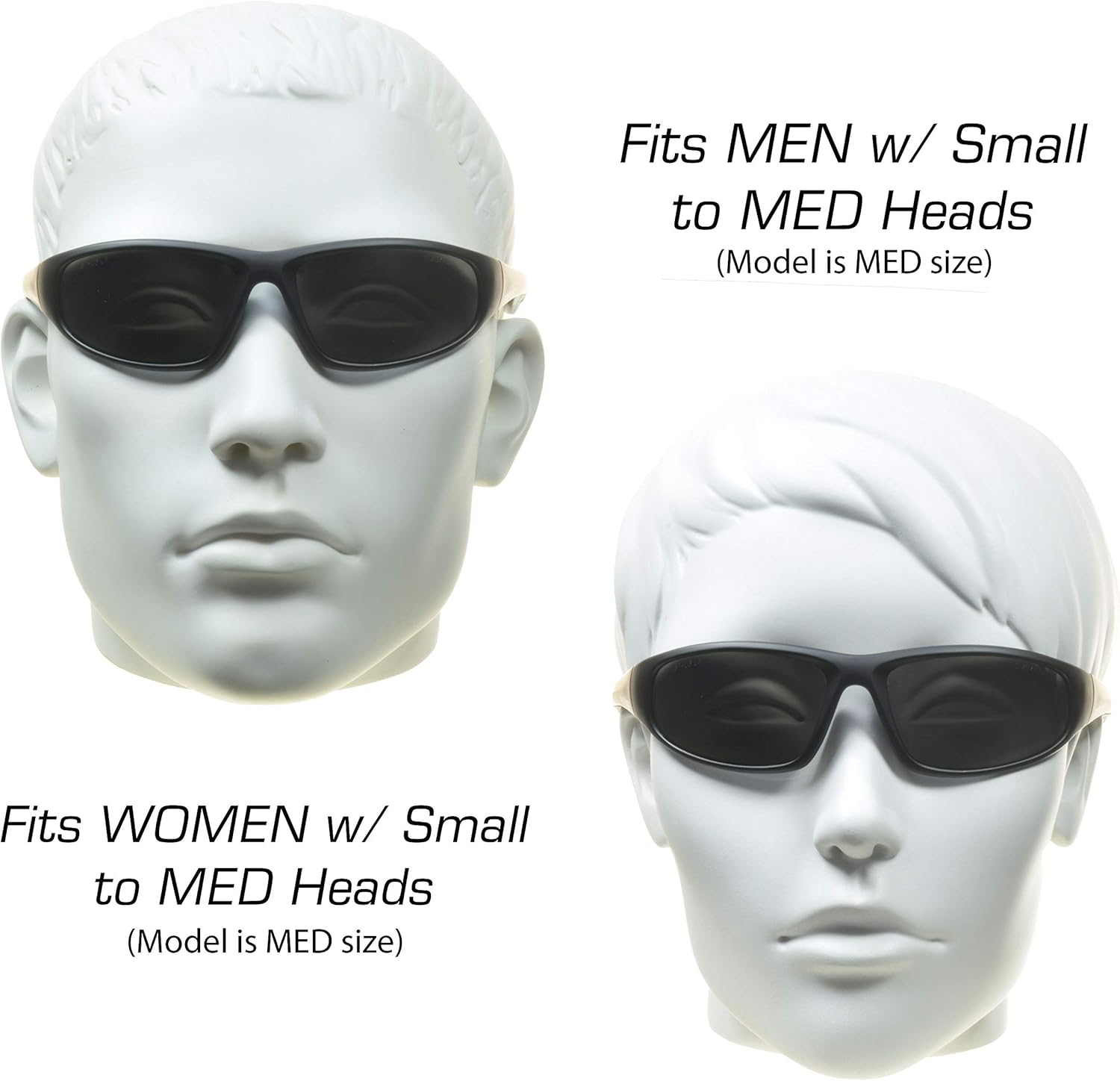 Diagram showing sunglasses fit on male and female mannequin heads