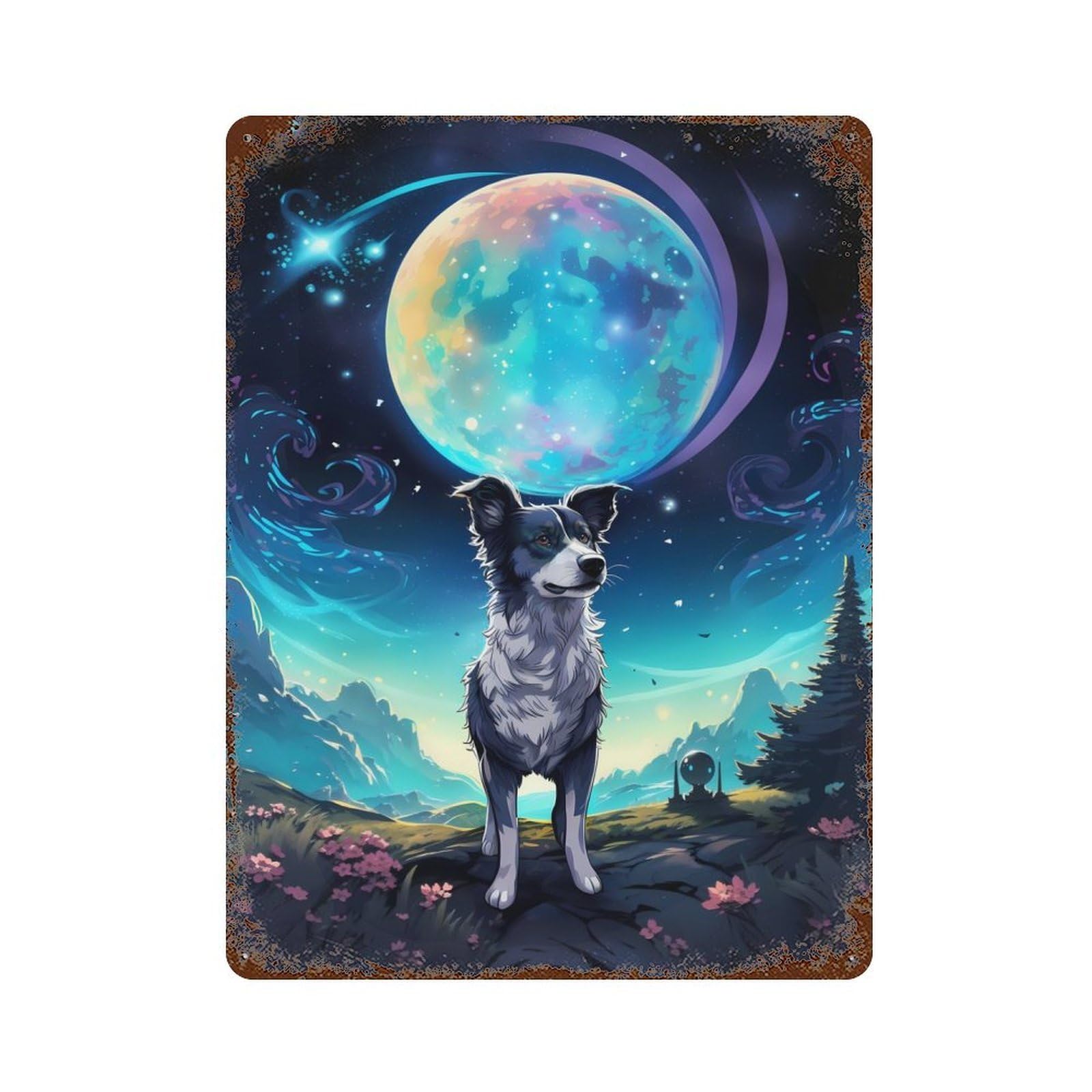 Moonlit Dog Voyager Rustic Tin Plaque 15.7"x11.8", Farmhouse Wall Decor for Shed, Workshop And Garage Wall Decor