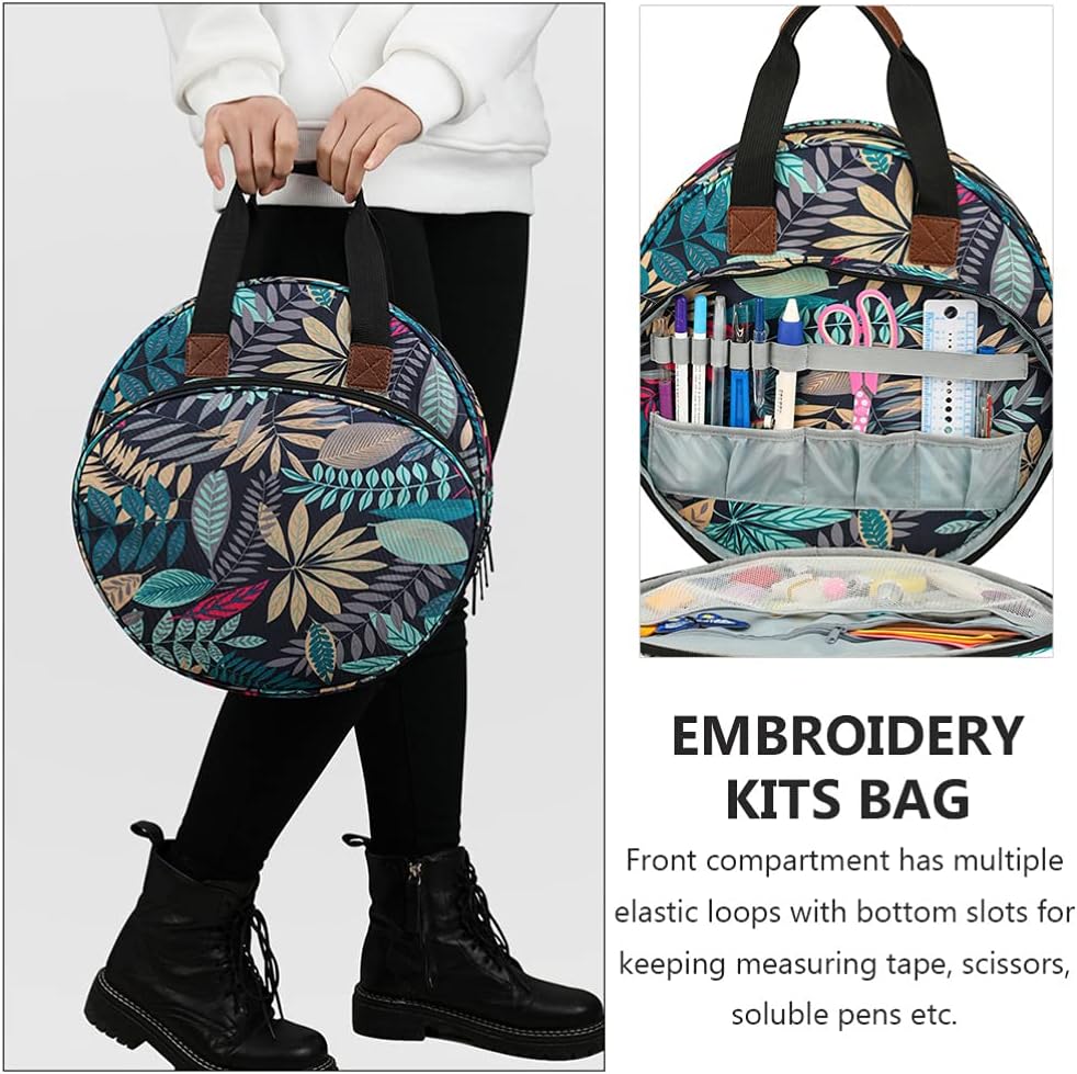 EXCEART Embroidery Tool Kit Large Capacity Storage Bag with Multiple Elastic Pockets and Zipper Compartment for Needlework Supplies Travel Organizer 13.77X13.77X3.54In