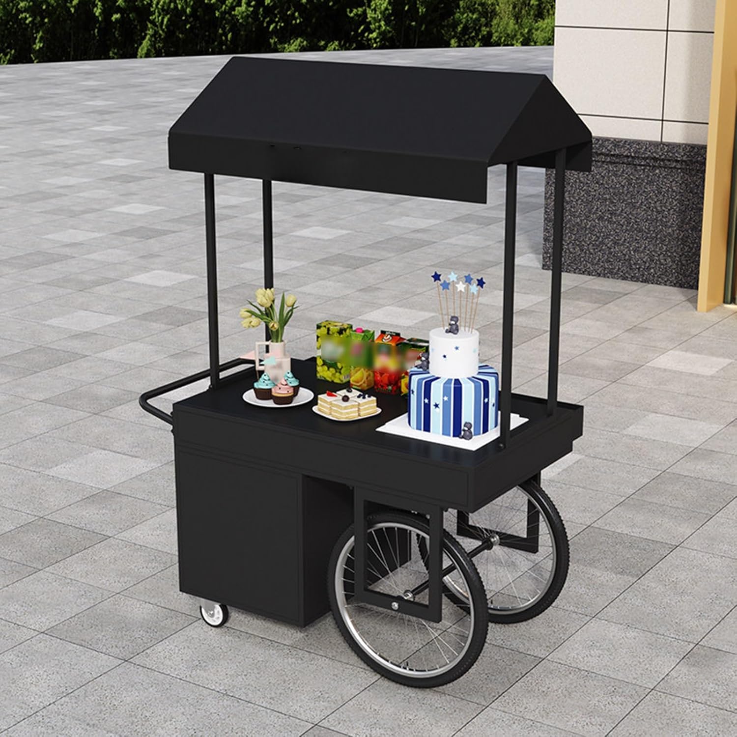 Portable Vendor Cart with Canopy, Mobile Food Display Stand with Lockable Wheels, Professional Street Food Stall with 3 Drawers & Storage Cabinet for Farmers Market, Events(Black,55.1*27.6in)