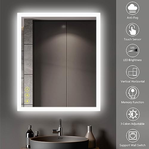 Miniatura 2 de Espejo LED de baño de 30 x 36 pulgadas, espejo de baño iluminado, espejo de tocador LED con luces montado en la pared, espejo regulable de color