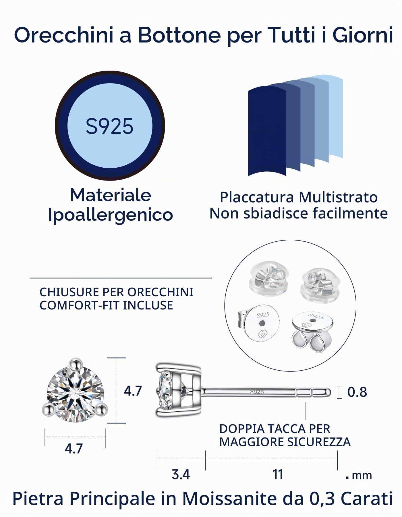 MomentWish Orecchini Moissanite Donna, Orecchino Punto Luce Argento 925 | Orecchini Moissanite Diamante Argento 925 Oro Oro Rosa 4/5/6,5/7,5mm Anallergici Regalo Natale