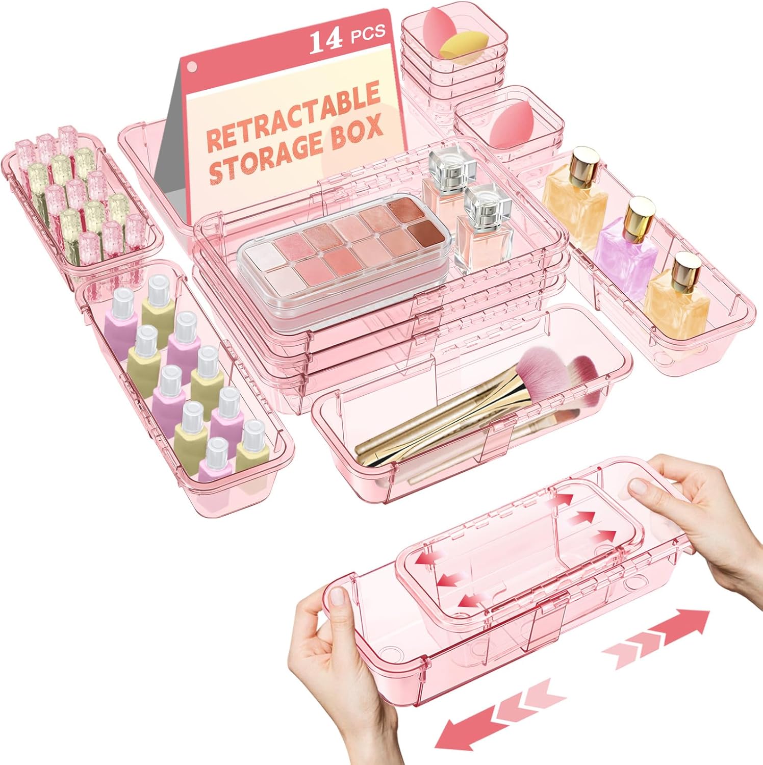 14 Pcs Clear Drawer Organizer, Adjustable Drawer Storage Box, 3-Size Desk Drawer Organizer, Acrylic Storage Bins for Makeup, Kitchen Utensils, Bedroom Dressers Tool Organizer for Gadgets, Pink