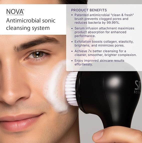 Spa Sciences - NOVA - Sonic Cleansing Brush with Bristles & Infusion System Anti-Aging Facial Exfoliating, Waterproof, and USB Rechargeable