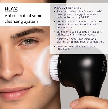 Spa Sciences - NOVA - Sonic Cleansing Brush with Bristles & Infusion System Anti-Aging Facial Exfoliating, Waterproof, and USB Rechargeable