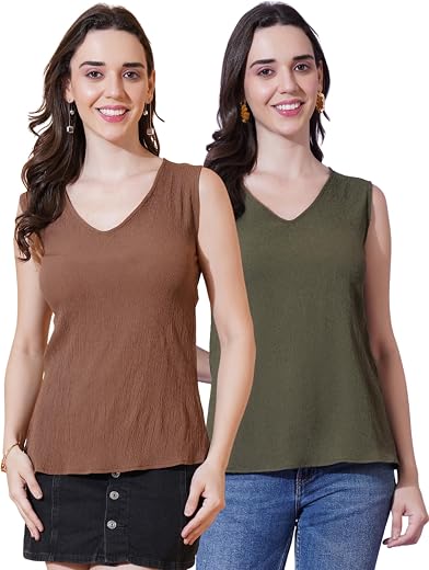 Kushi Flyer Women's Solid Poly Cotton Regular Fit V-Neck Sleeve Less Casual Top (Combo Pack of 2)