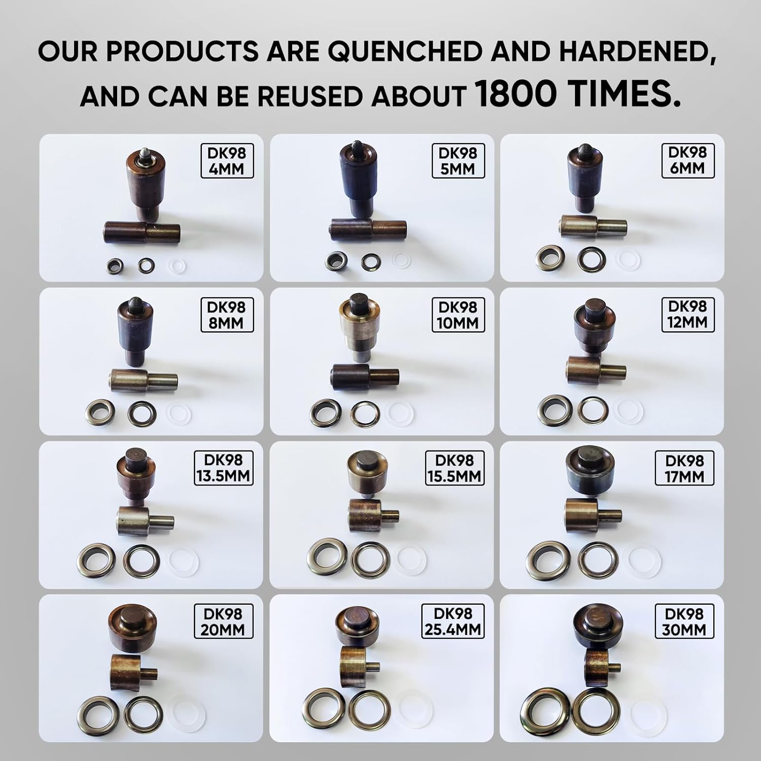 Grommet with die 1/8" (4mm)-1+3/16" (30mm).Eyelet with die Setter.Setting dies for Universal KAM Hand Press Machine DK93 and DK98. 24 sizes are aviliable (DK-98/1/2"/13mm/Black/300sets)